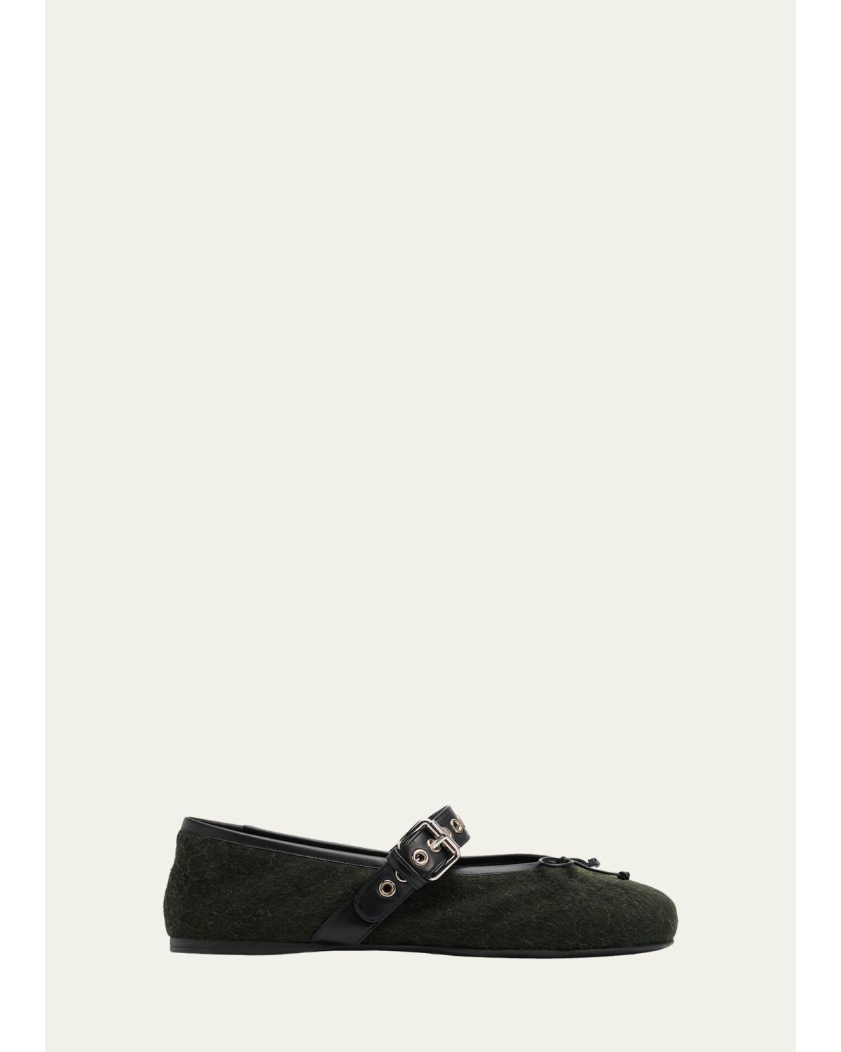 Flannel Leather-Strap Ballerina Flats