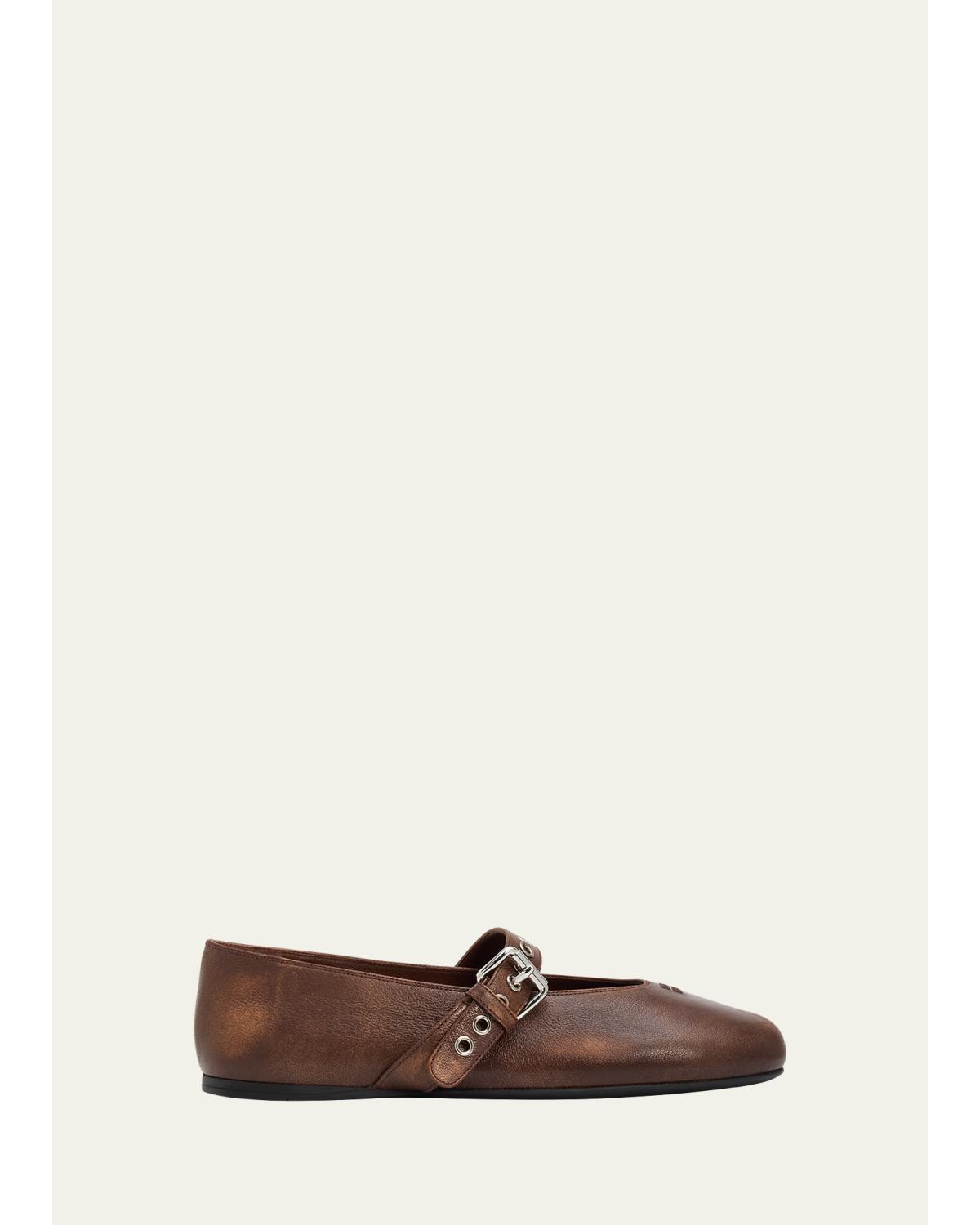 Nappa Leather Mary Jane Buckle Ballerina Flats