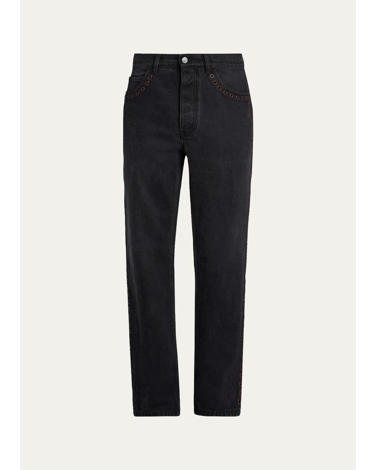 Grommet-Trimmed Straight-Leg Jeans