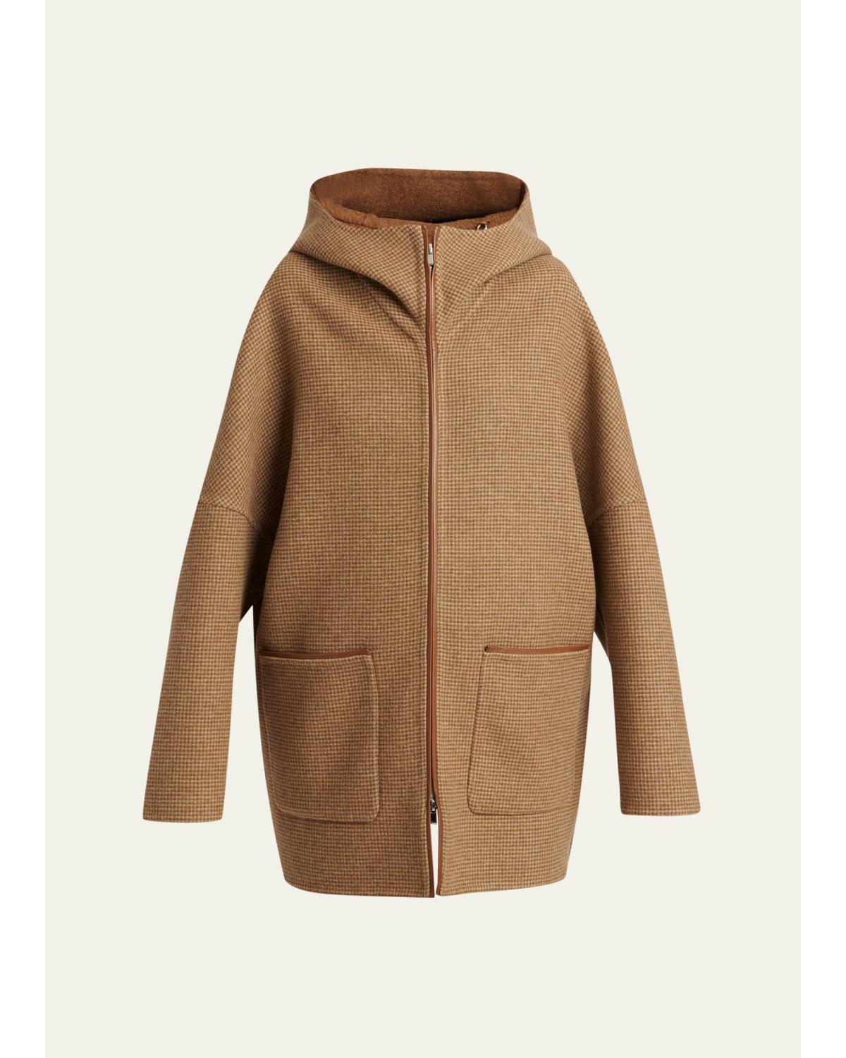 Houndstooth Wool-Cashmere Hooded Overcoat