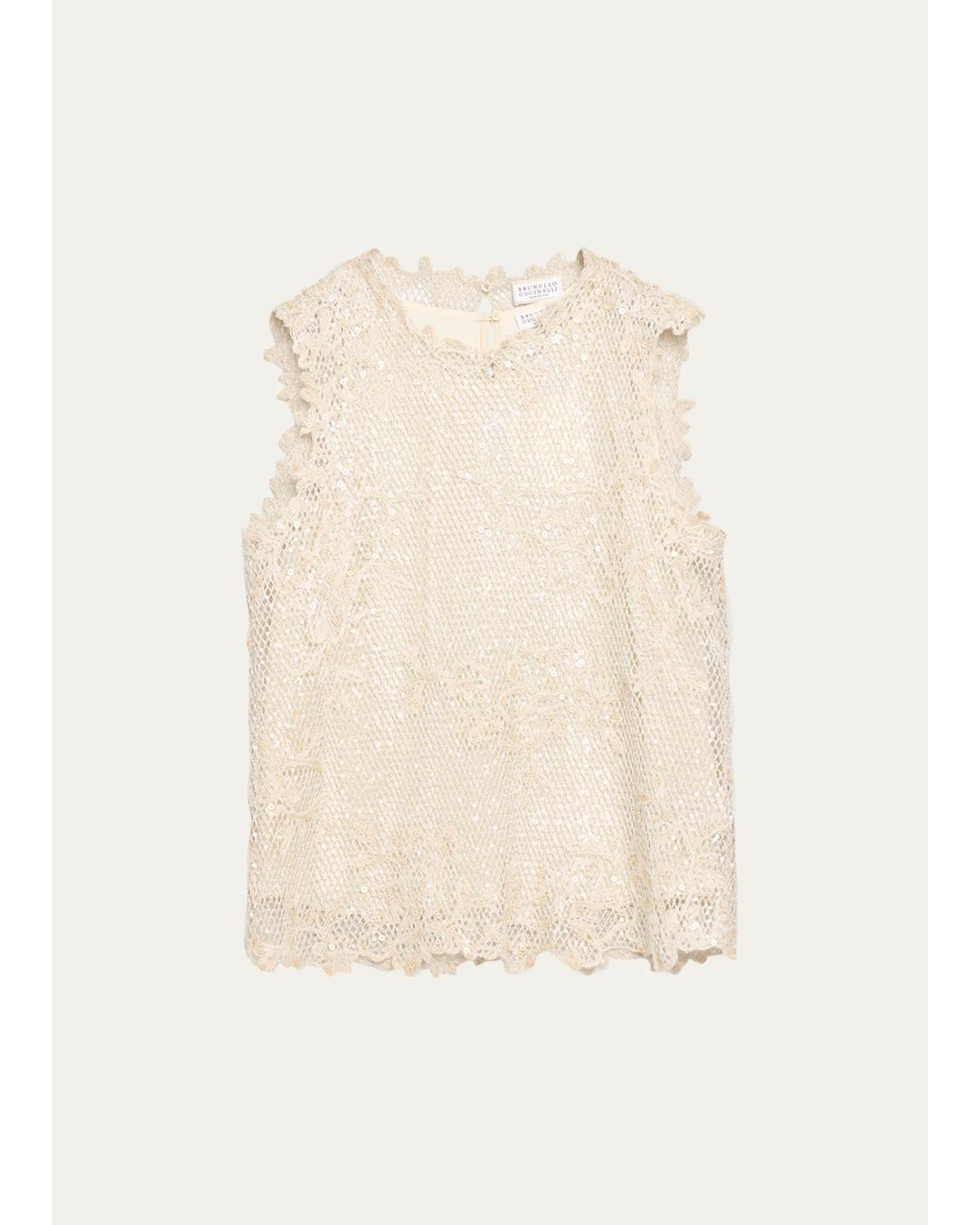 Mohair Lace Embroidered Shimmering Net Sleeveless Top