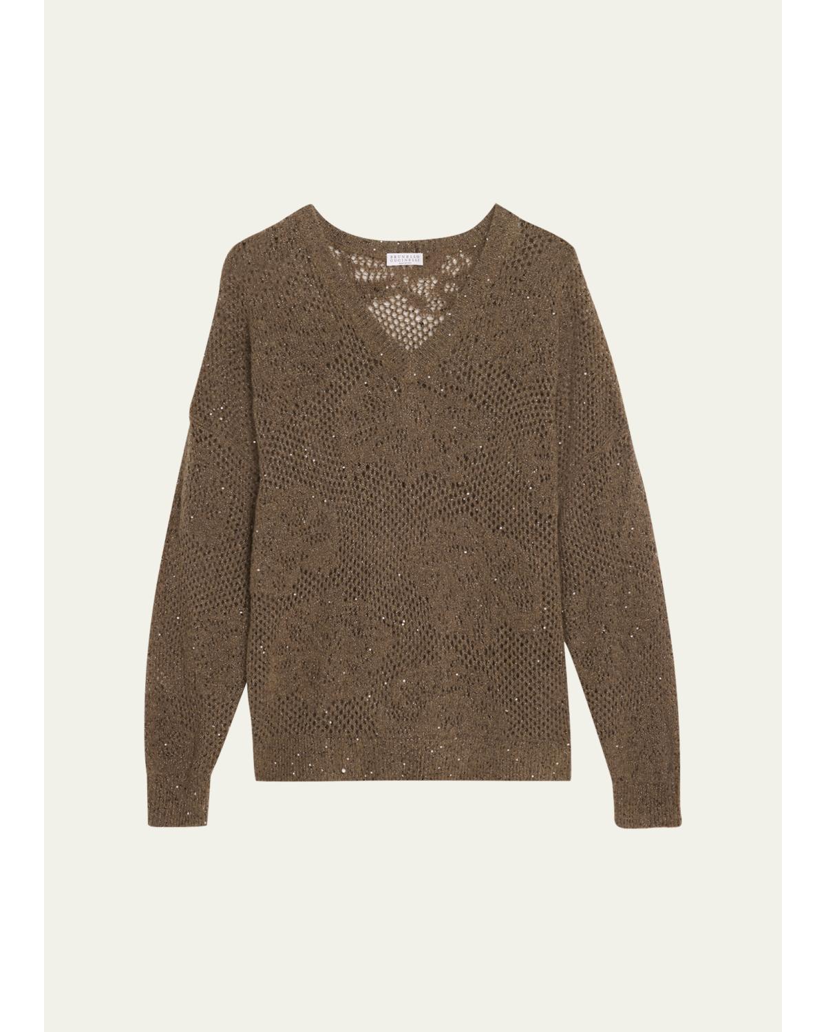 Diamante Paillette Mohair Open-Knit V-Neck Sweater