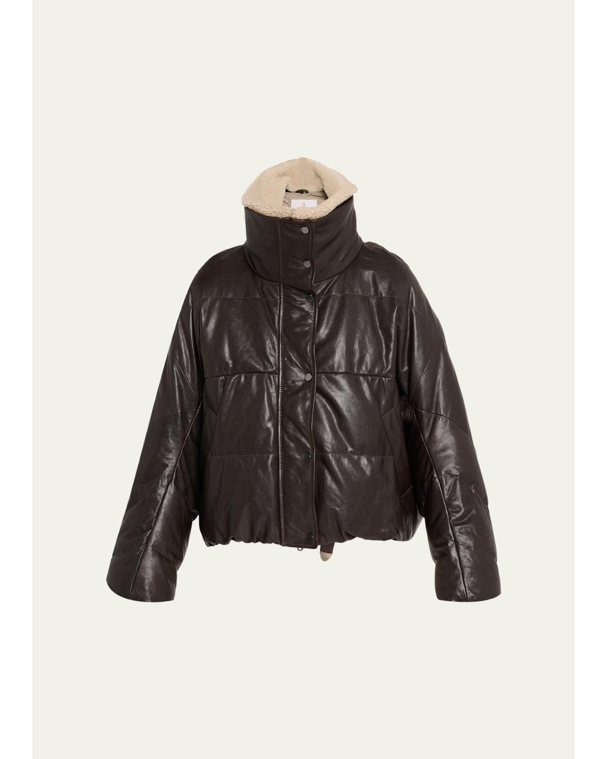 Waxed Leather Puffer Coat With Shearling Collar