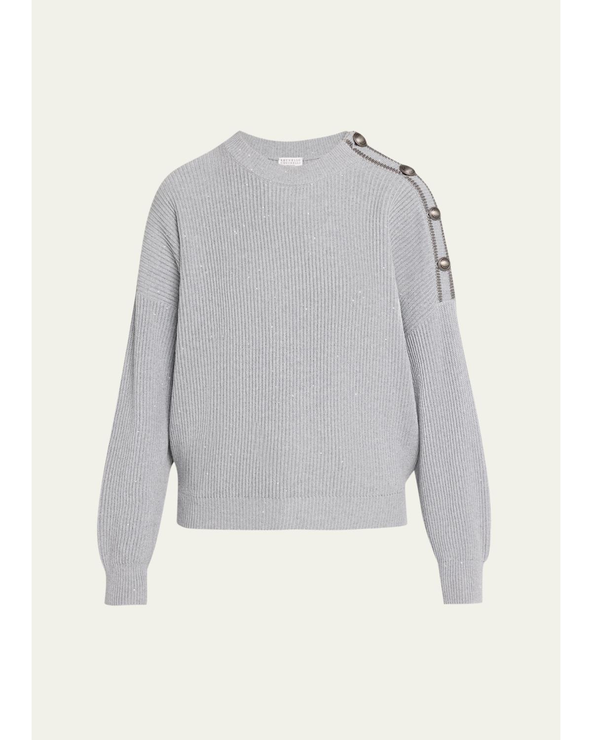 Sporty Button-Shoulder Cotton Diamante Crewneck Sweater