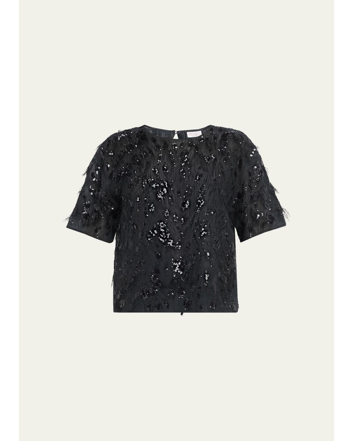 Animalier Sequined Fringe Silk Short-Sleeve Top