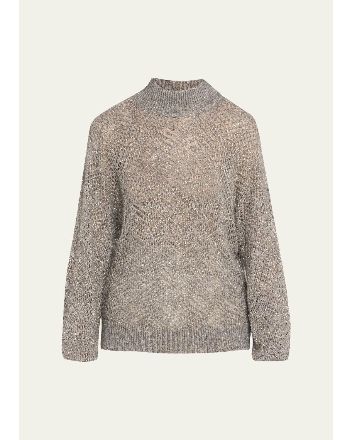 Airy Shimmer Open-Knit Mock Neck Sweater