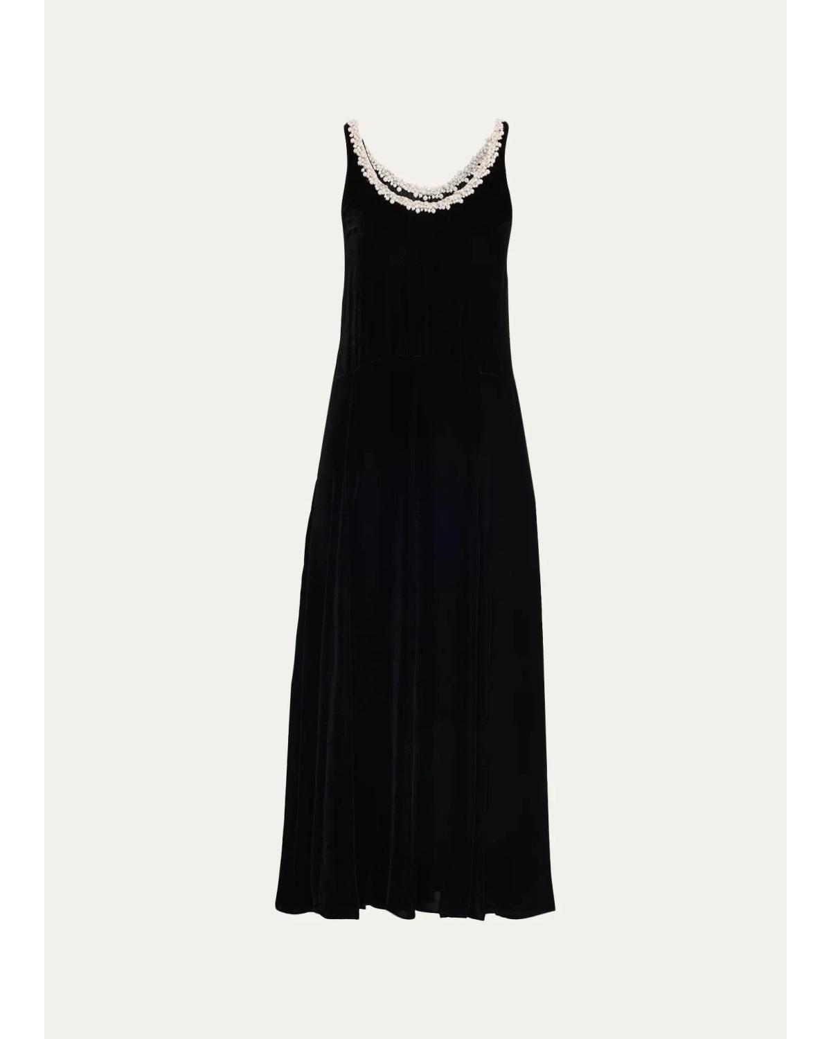 Maria Mcmanus Pearly Beaded Scoop-neck Velvet Midi Dress In Black