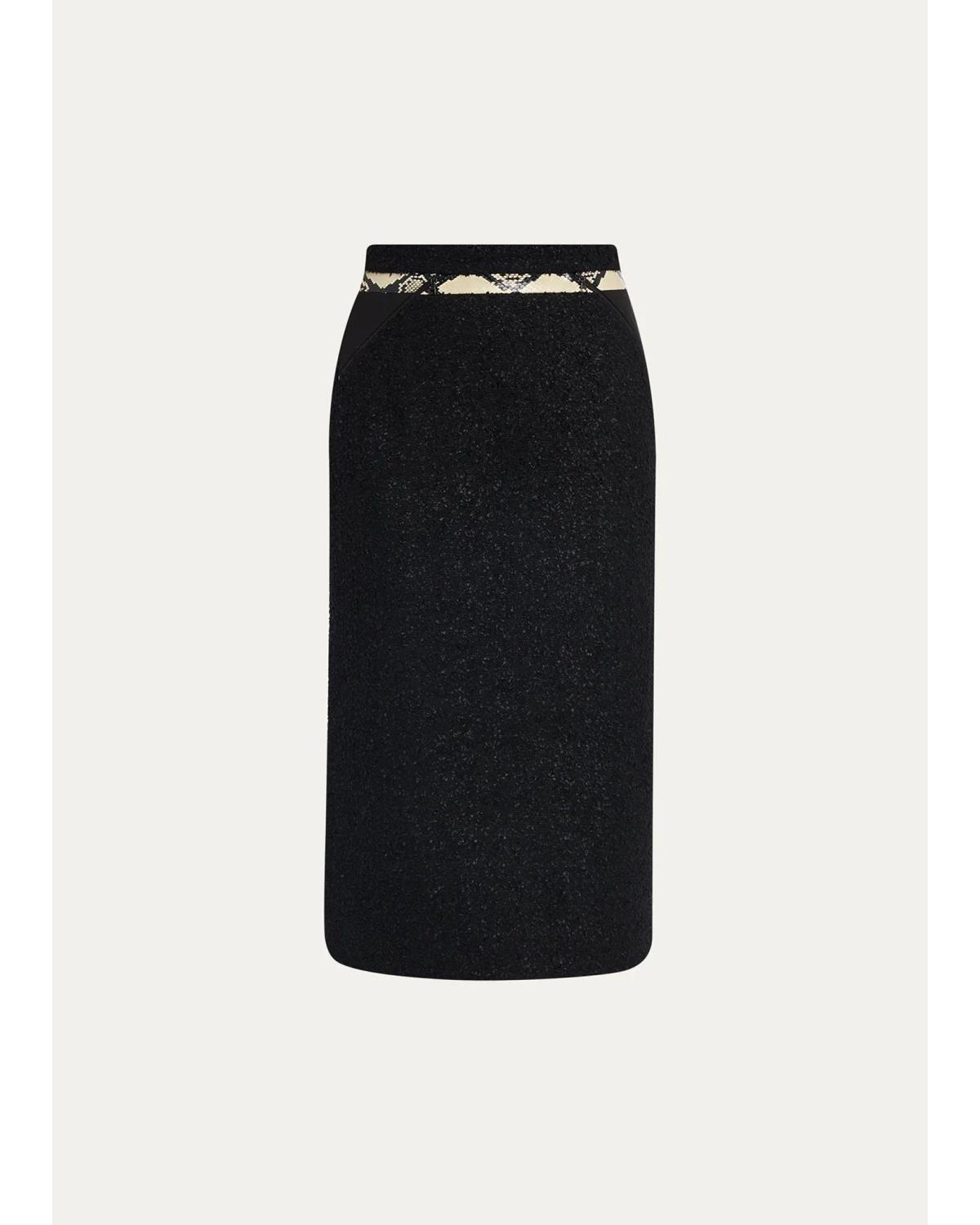 Snake-Print Blocked Tweed Midi Pencil Skirt