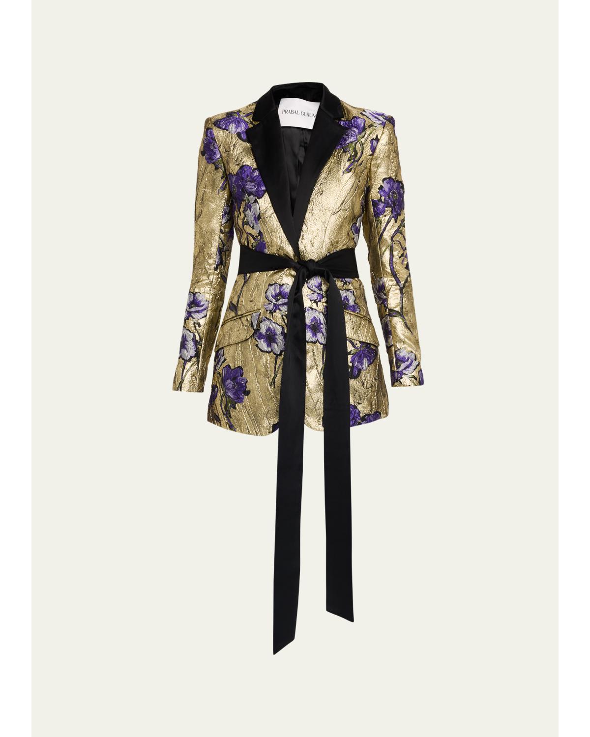 Floral Jacquard Belted Jacket