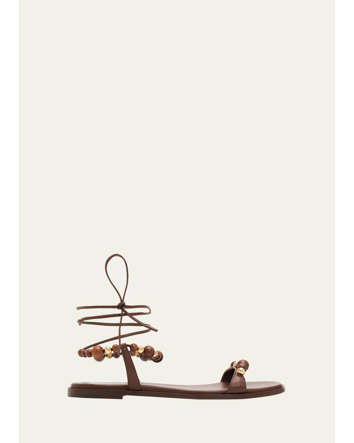 Nappa Leather Flat Ankle-Tie Sandals