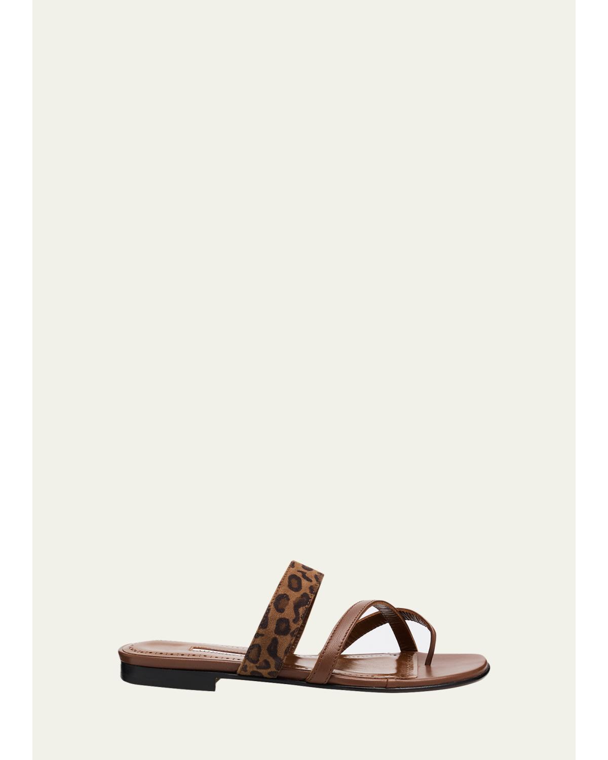 Susa Leather And Leopard-Printed Suede Crisscross Flat Sandals