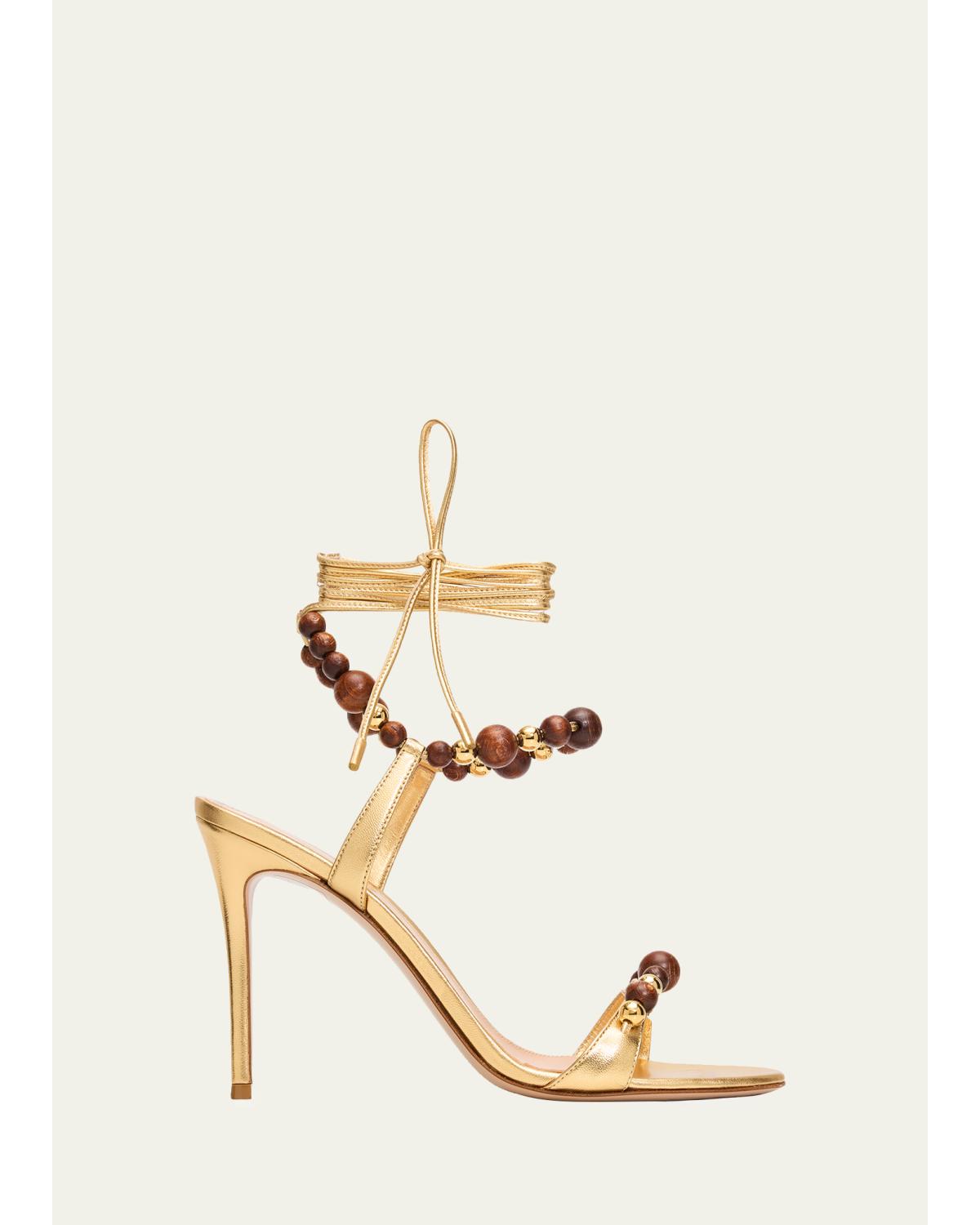 95Mm Beaded Metallic Nappa Leather Ankle-Tie Sandals