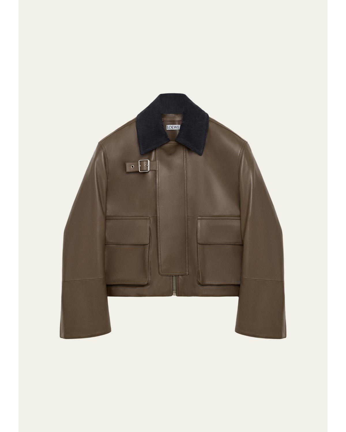 Corduroy-Collar Leather Utility Jacket