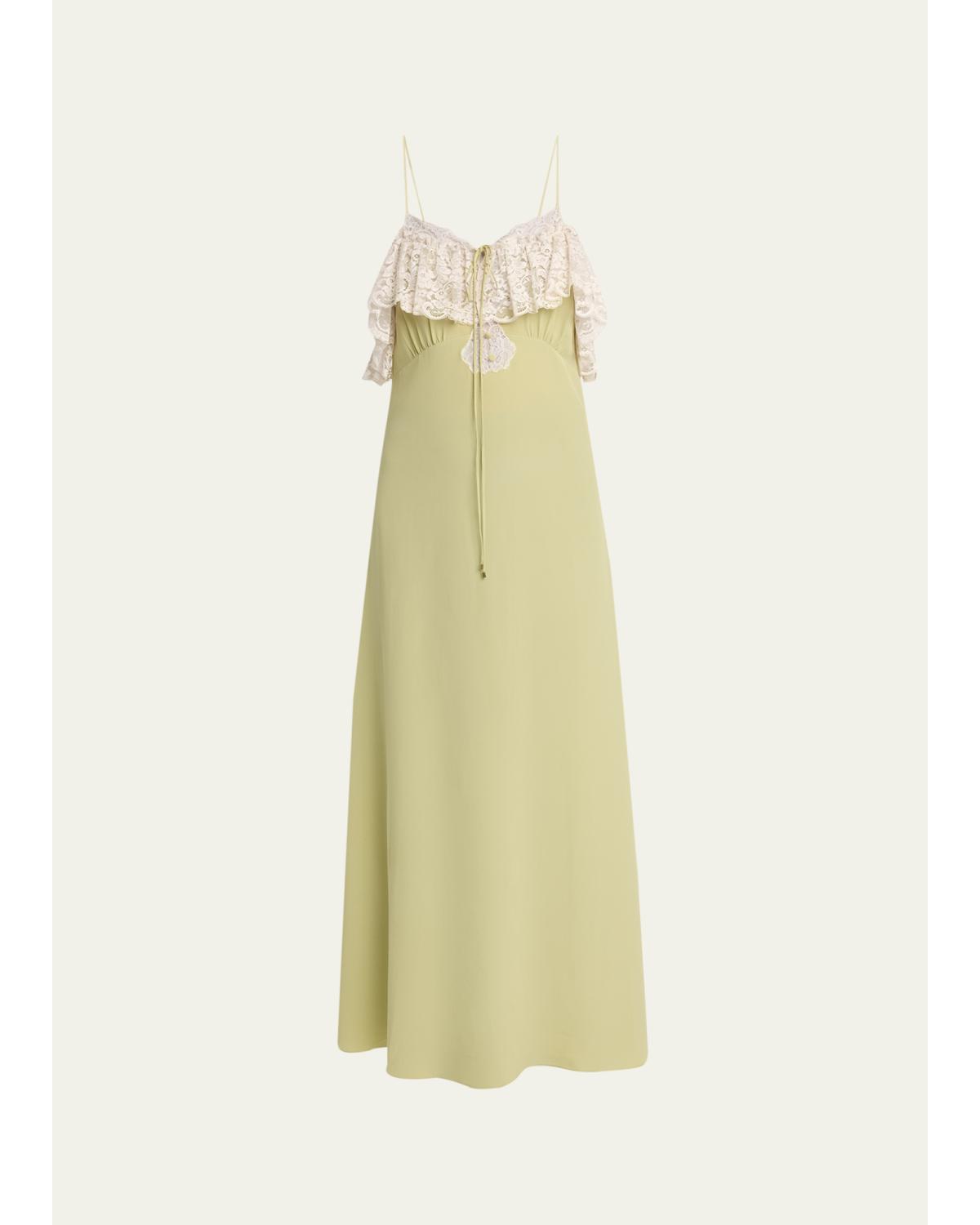 Chloé Chloe Lace-trim Silk-georgette Maxi Dress In Green