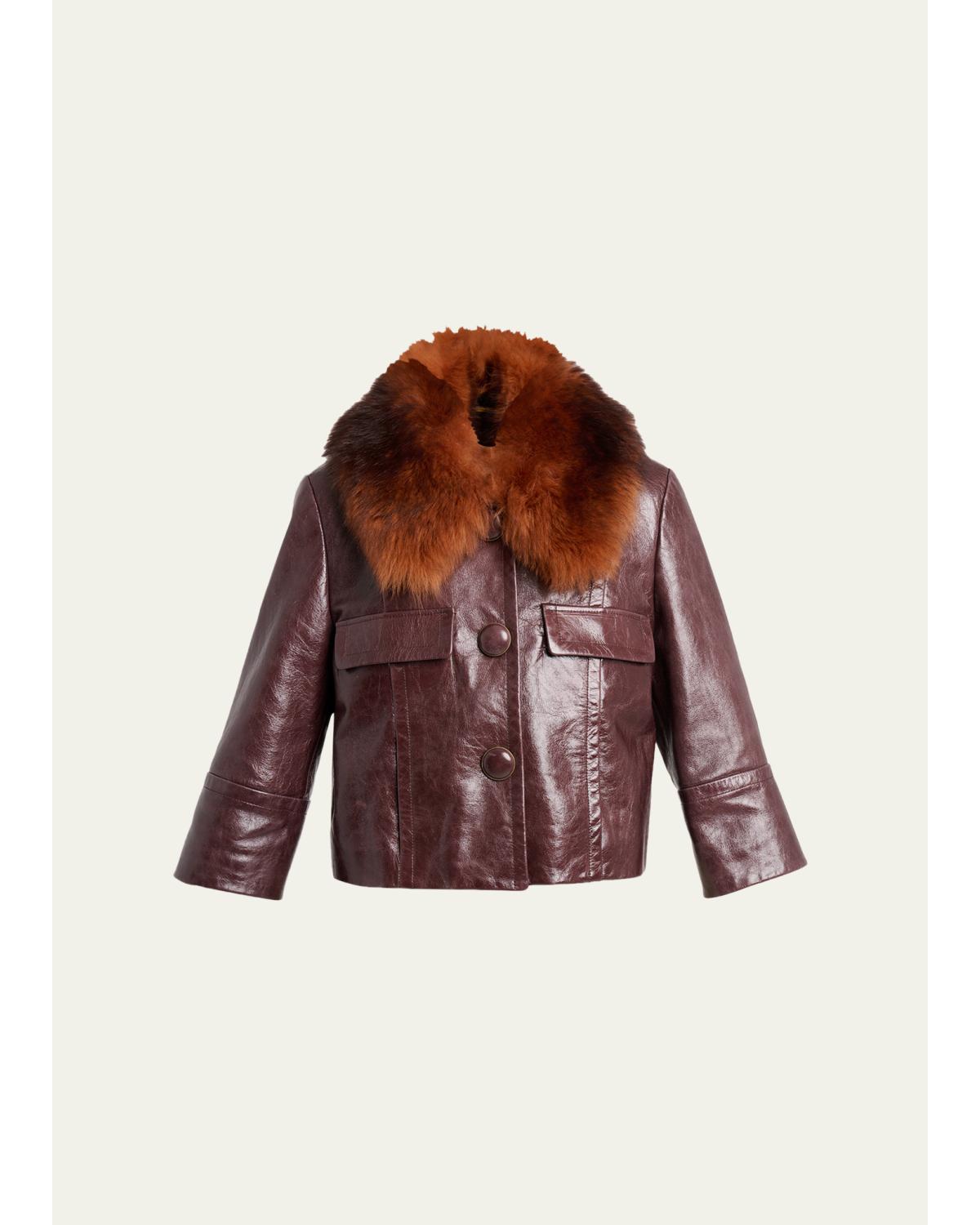 Shiny Calf Leather Jacket with Shearling Collar