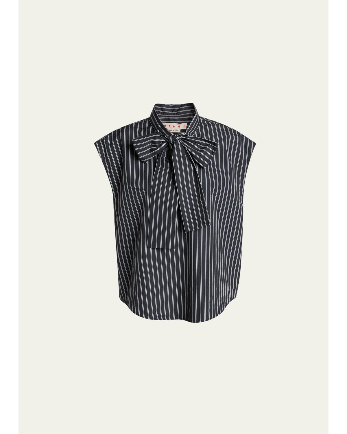 Self-Tie Half-Placket Striped Blouse