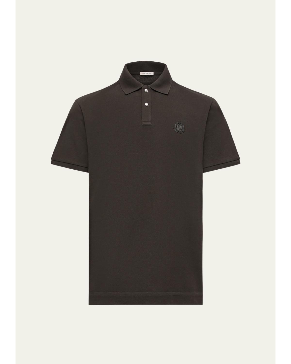 Men'S Leather Logo Patch Cotton Pique Polo Shirt