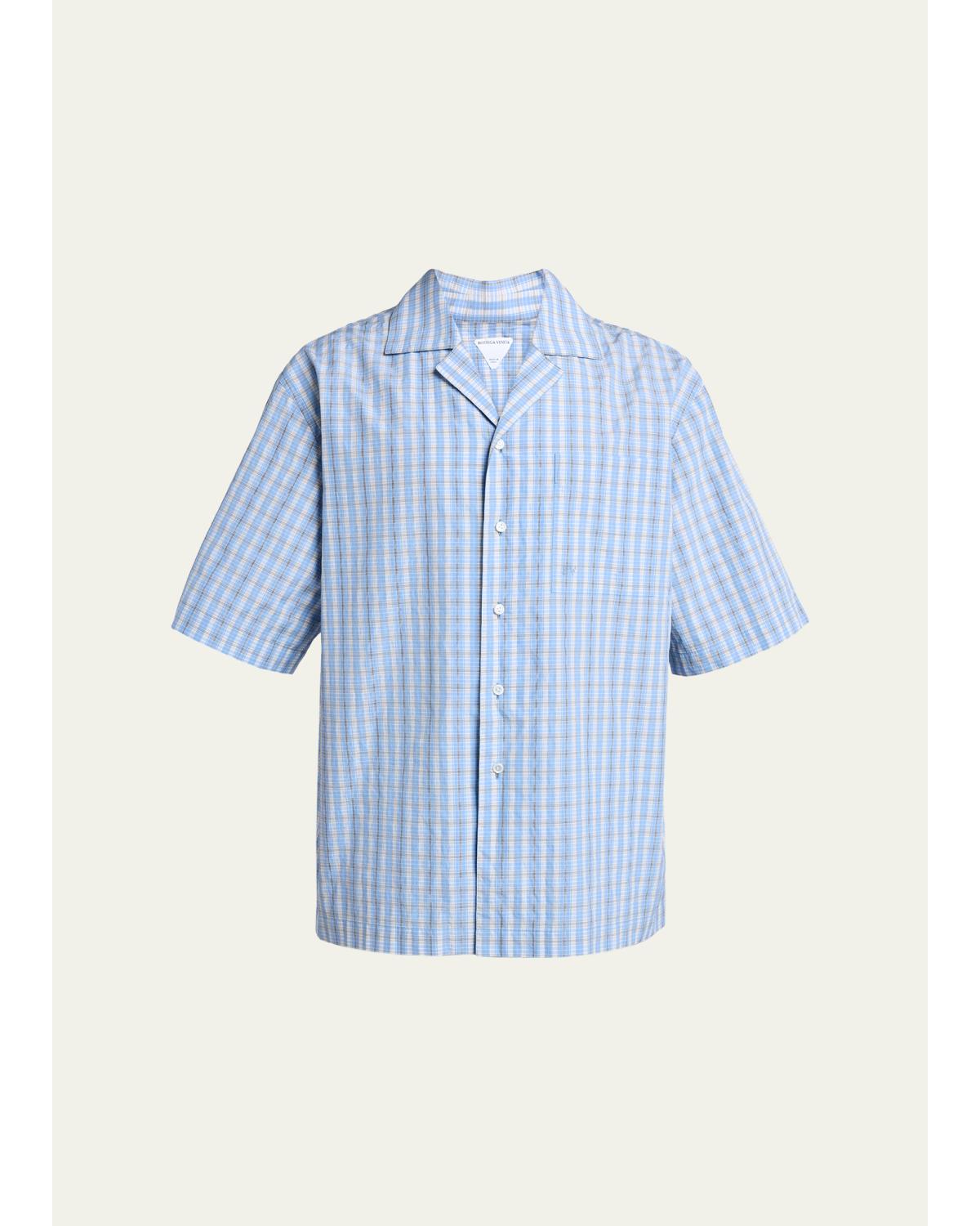 Men'S Cotton And Silk Textured Plaid Short-Sleeve Shirt