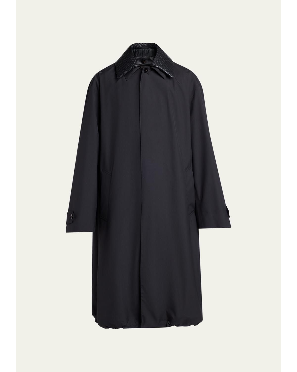 Men'S Leather Intrecciato-Collar Overcoat