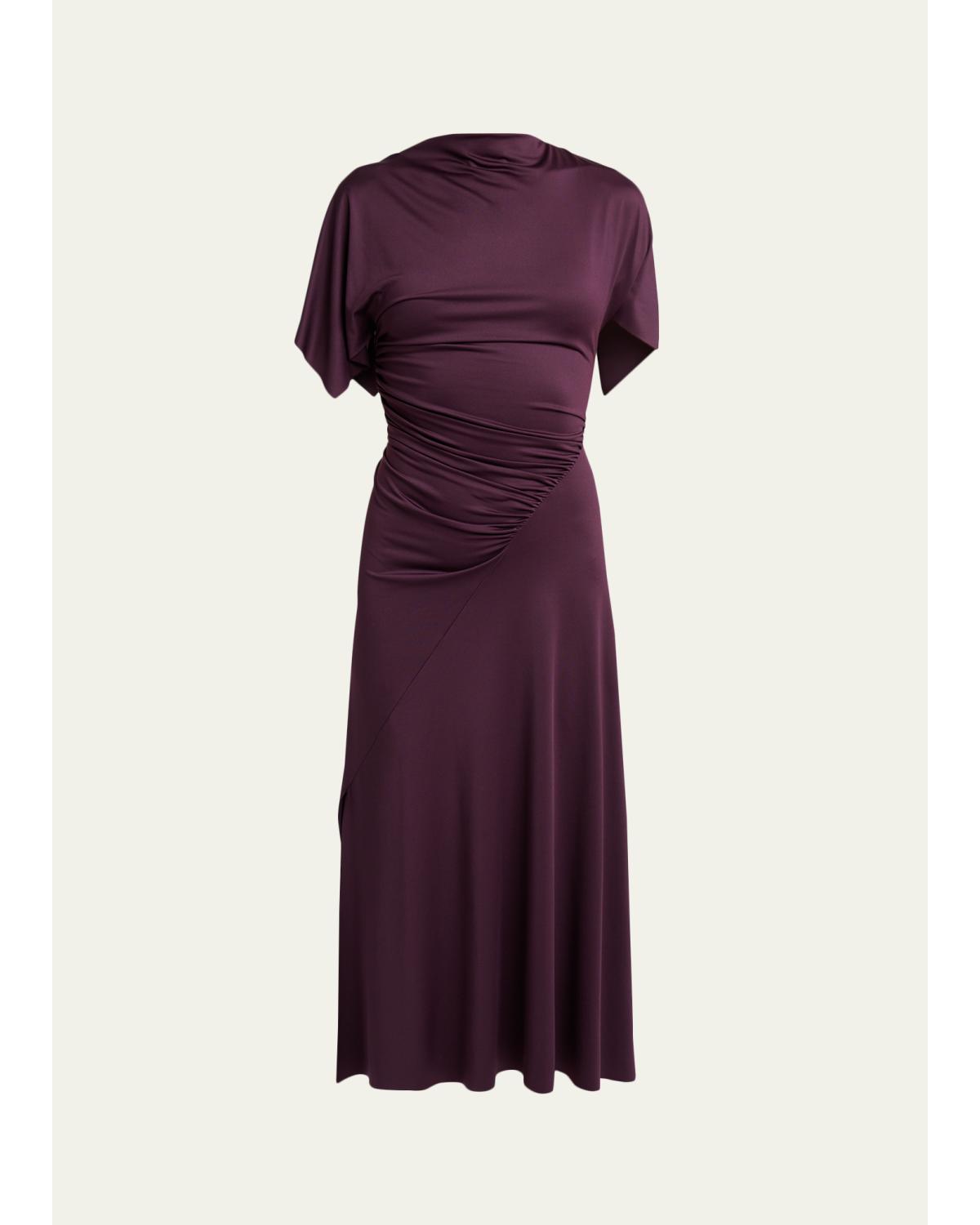 Gathered Twisted Flutter-Sleeve Midi Dress