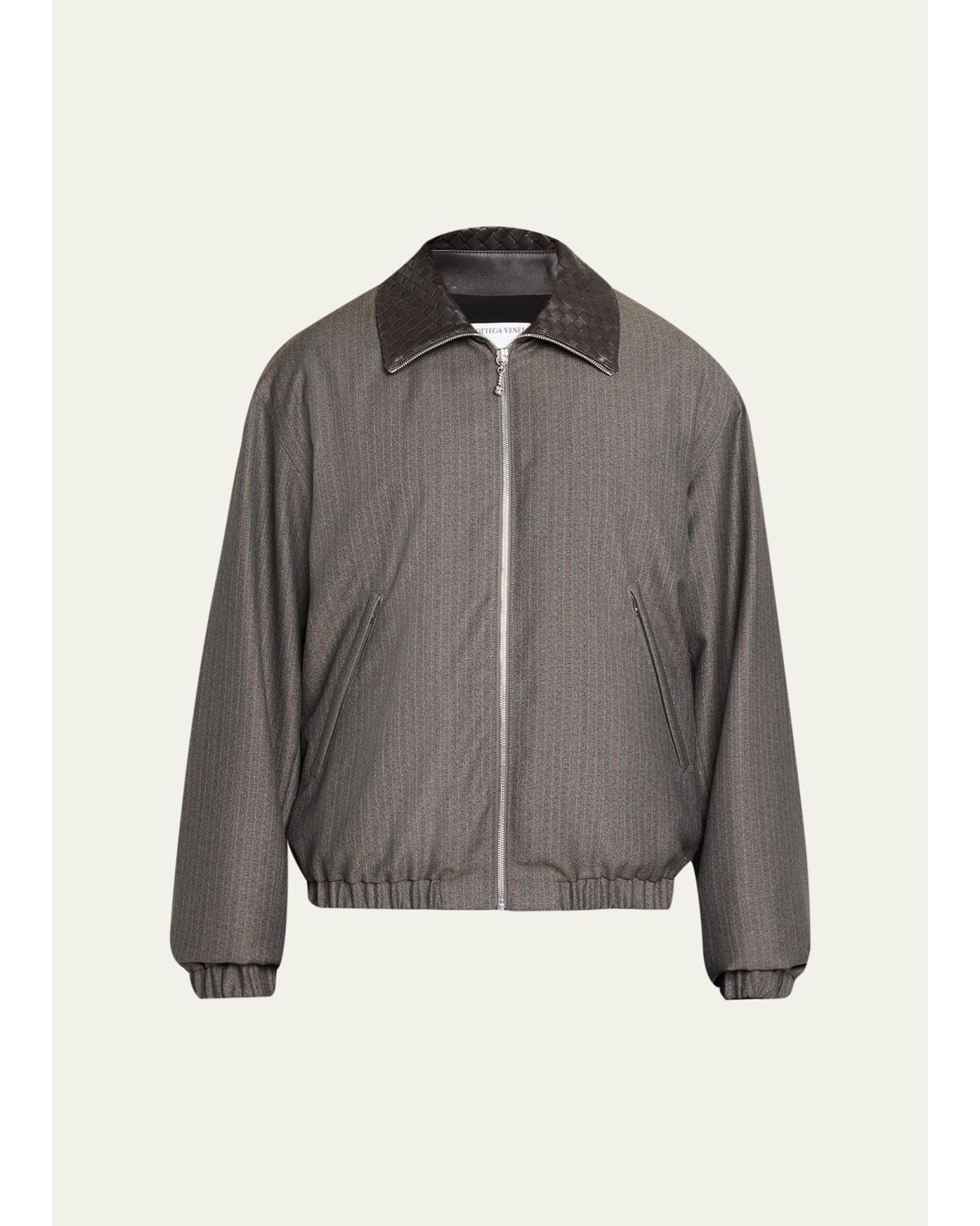 Men'S Shadow Stripe Intrecciato Leather-Collar Jacket