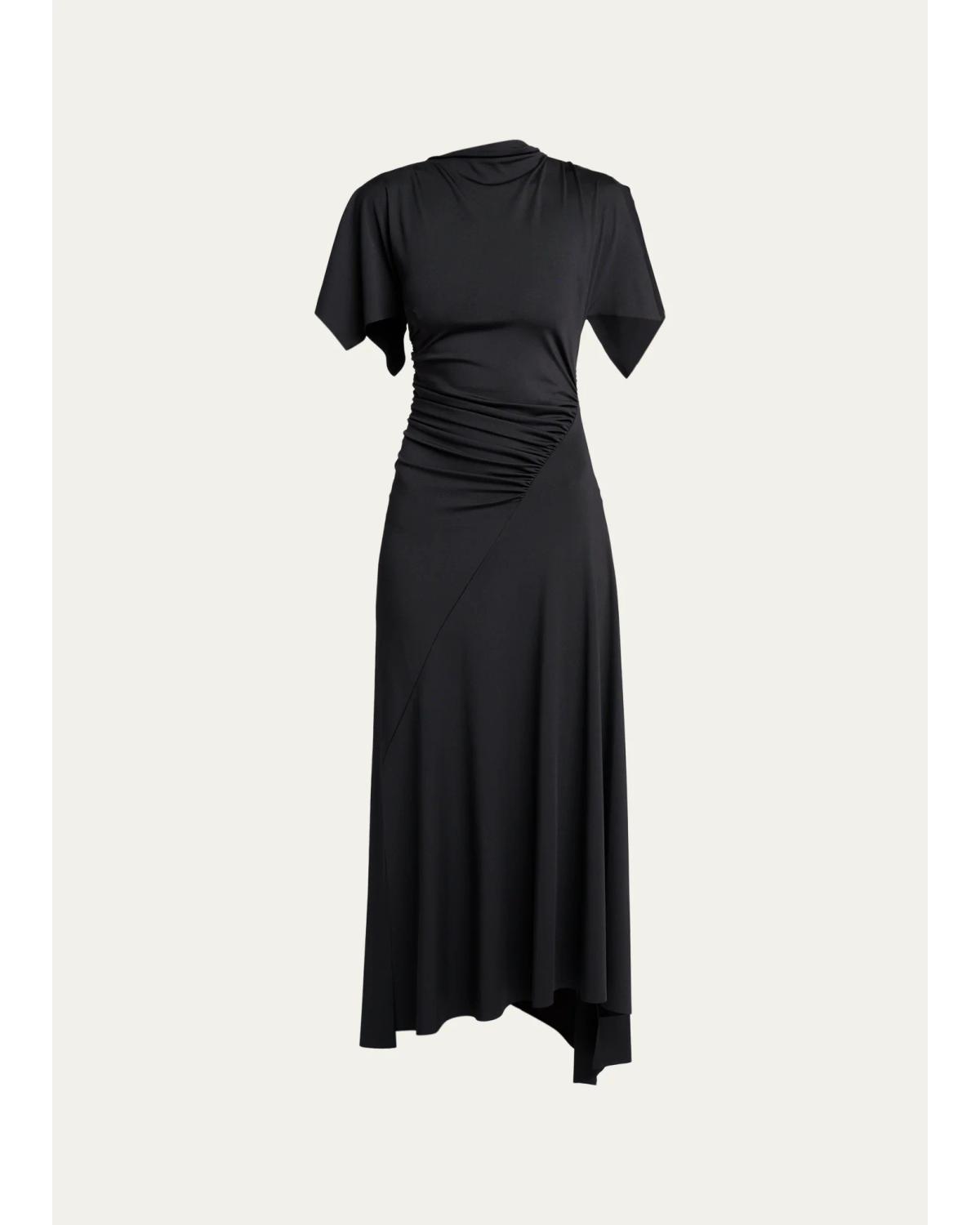 Victoria Beckham Blousey Asymmetric Short-sleeve Midi Dress In Black