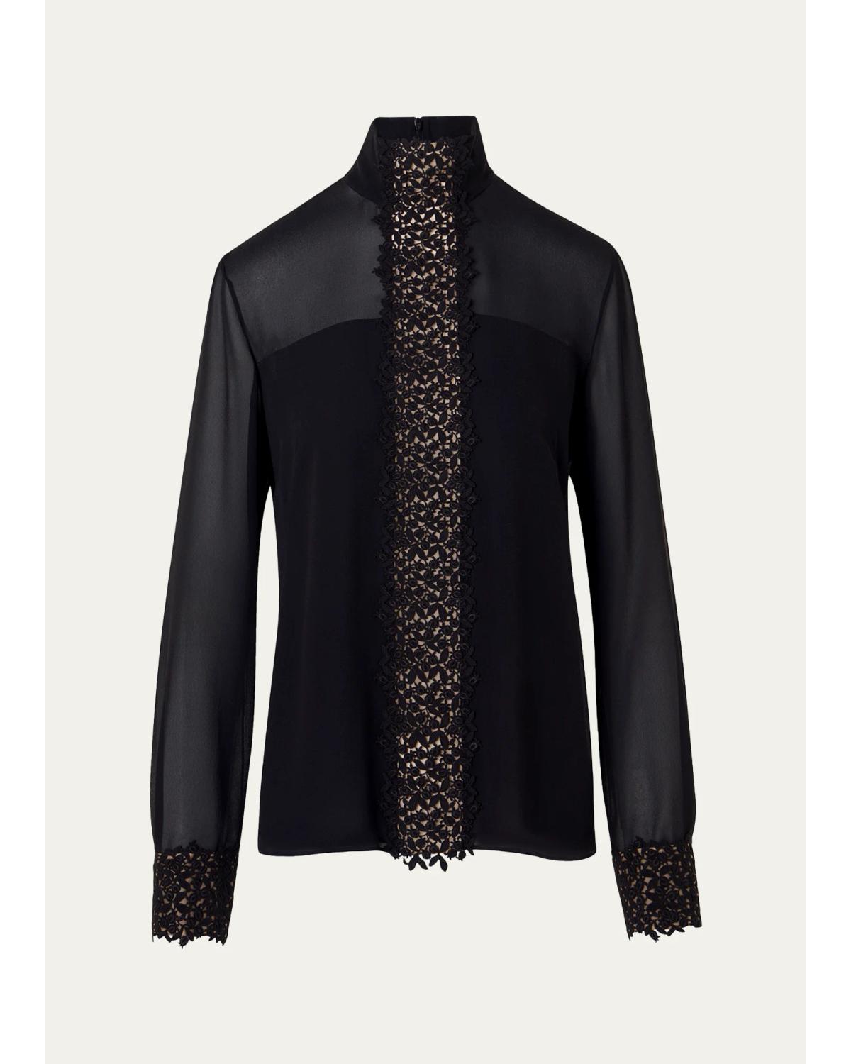 Mock-Neck Lace Inset Long-Sleeve Blouse