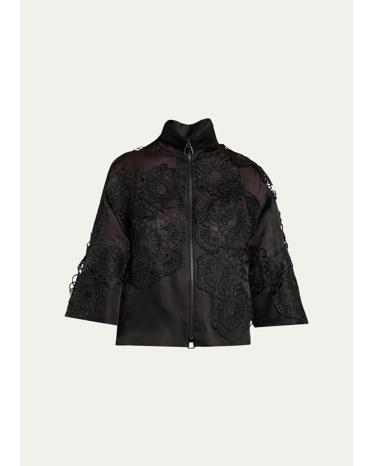 Anemone Embroidered Silk Organza Zip Jacket