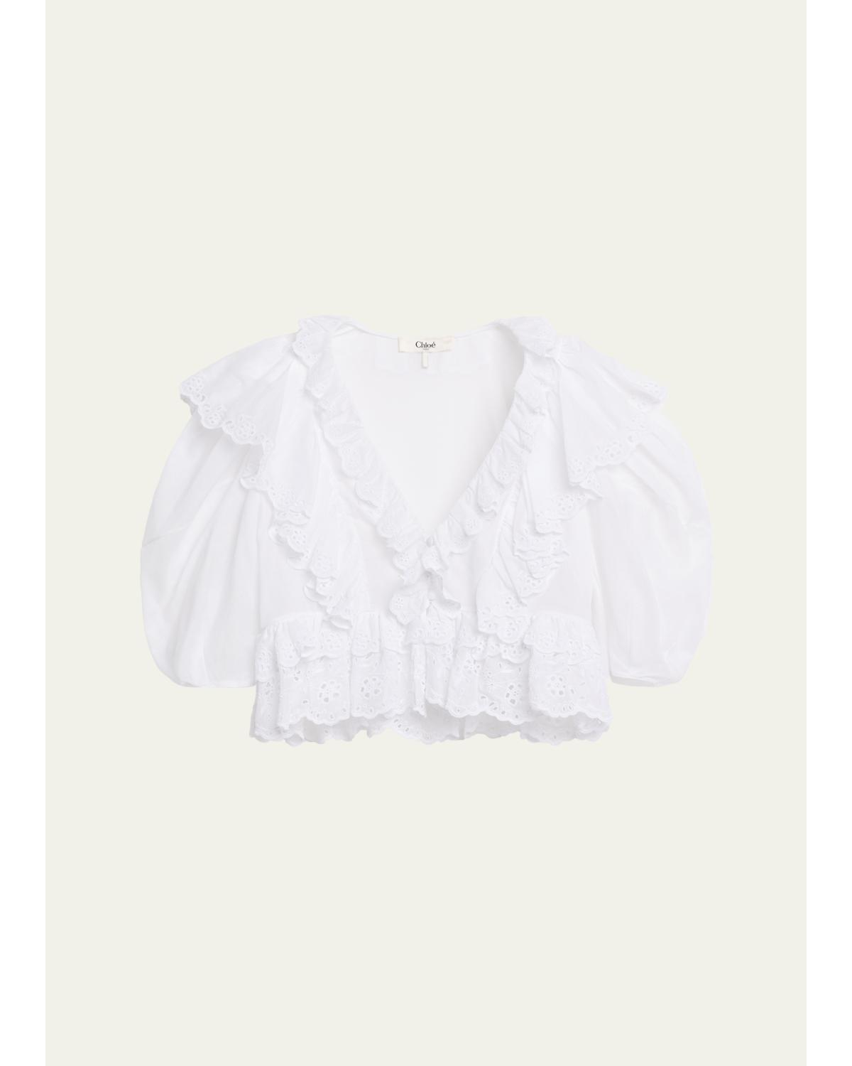 Ruffled Eyelet Cotton Puff-Sleeve Crop Top