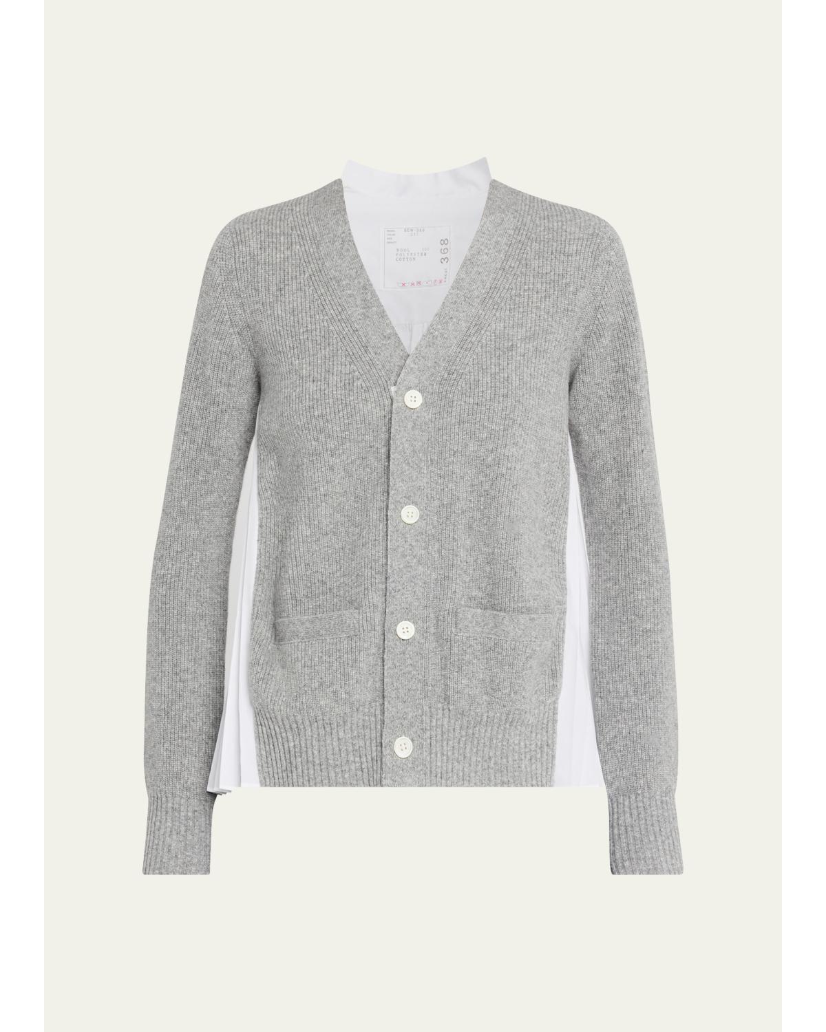 Wool Knit And Cotton Poplin V-Neck Cardigan