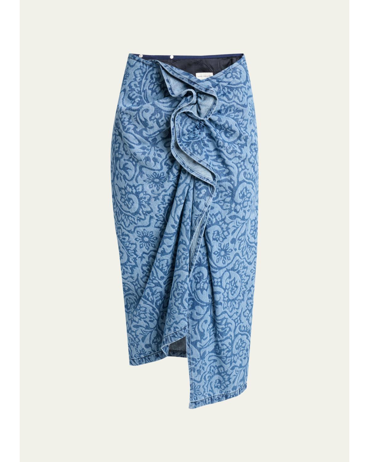 Sinas Floral Denim Ruffle Midi Skirt