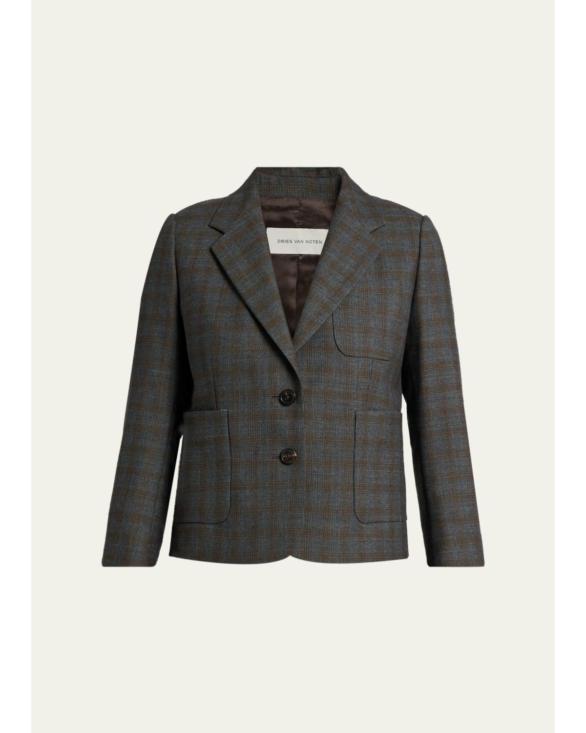 Dries Van Noten Check Single-breasted Shrunken Jacket In Brown