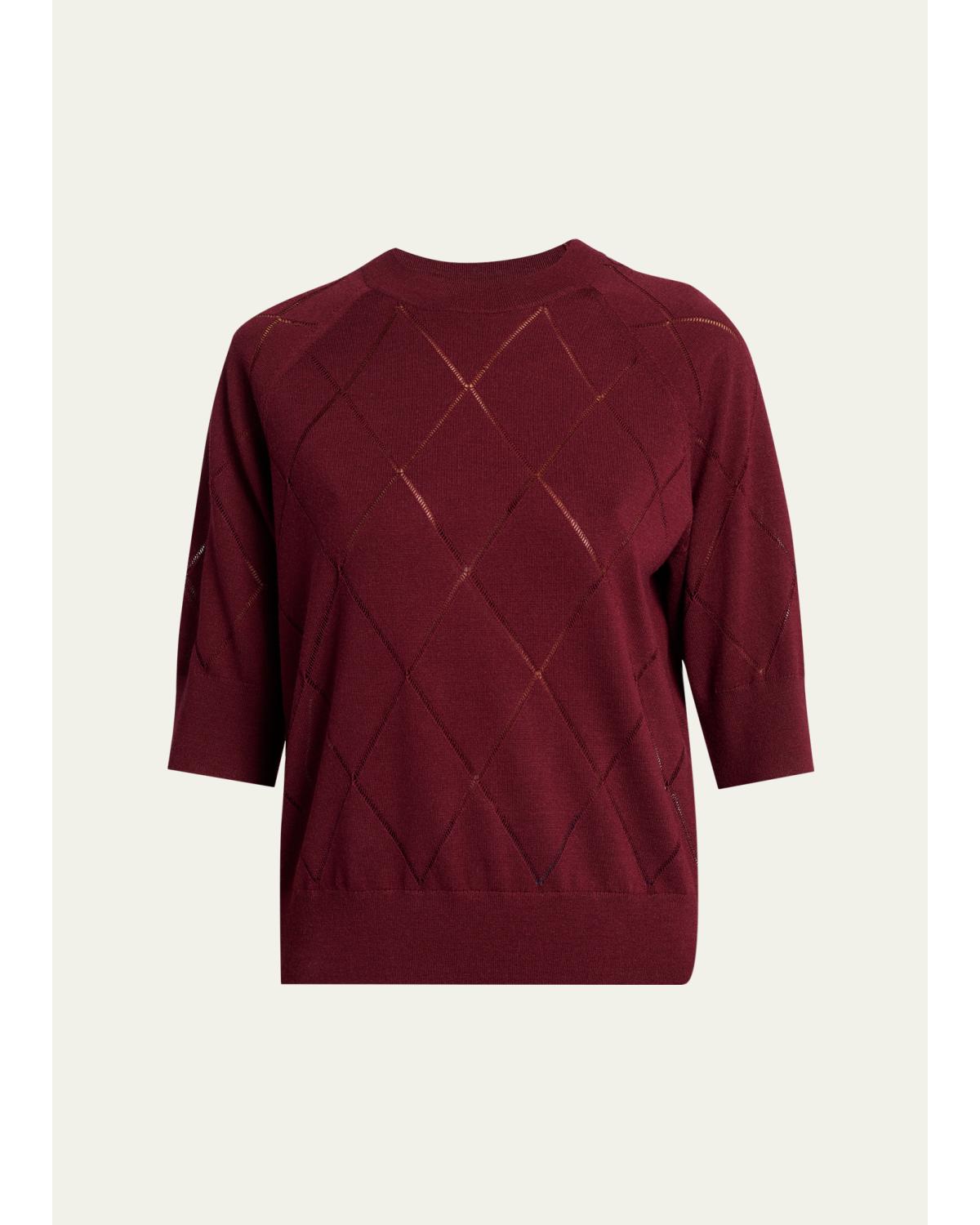 Diamond Knit Elbow-Sleeve Crewneck Sweater