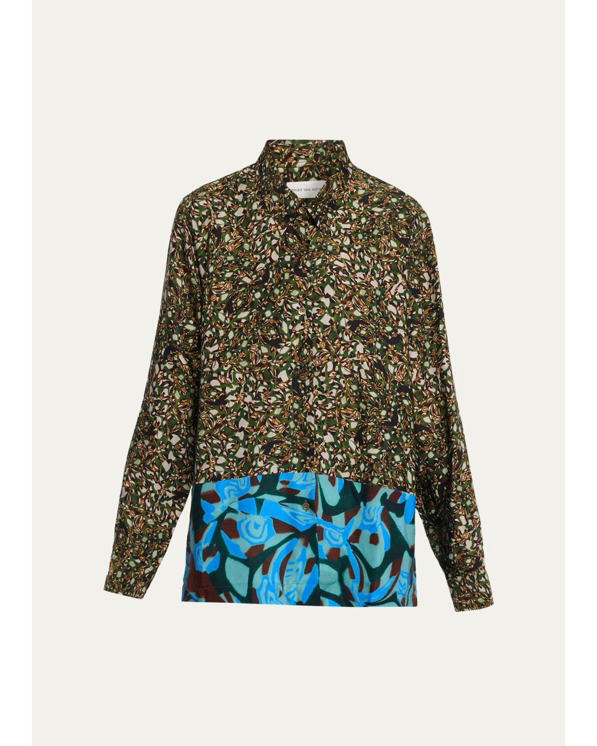 Colorblock Marble-Print Button-Down Shirt
