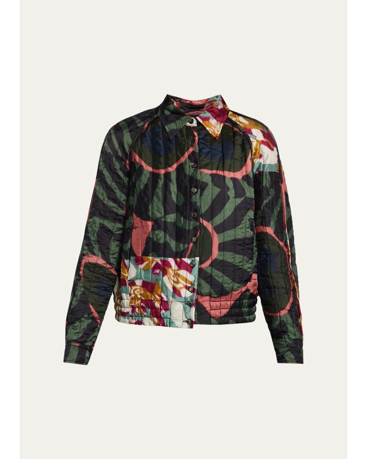 Valoria Patchwork-Print Quilted Satin Shirt Jacket
