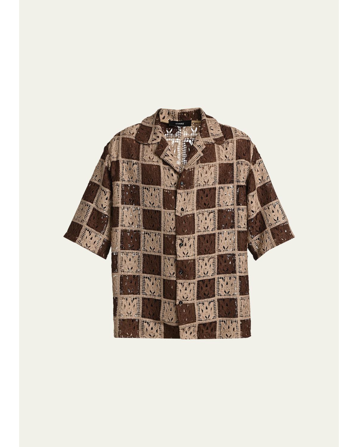 Men'S Crochet Ma-Knit Checkerboard Short-Sleeve Shirt