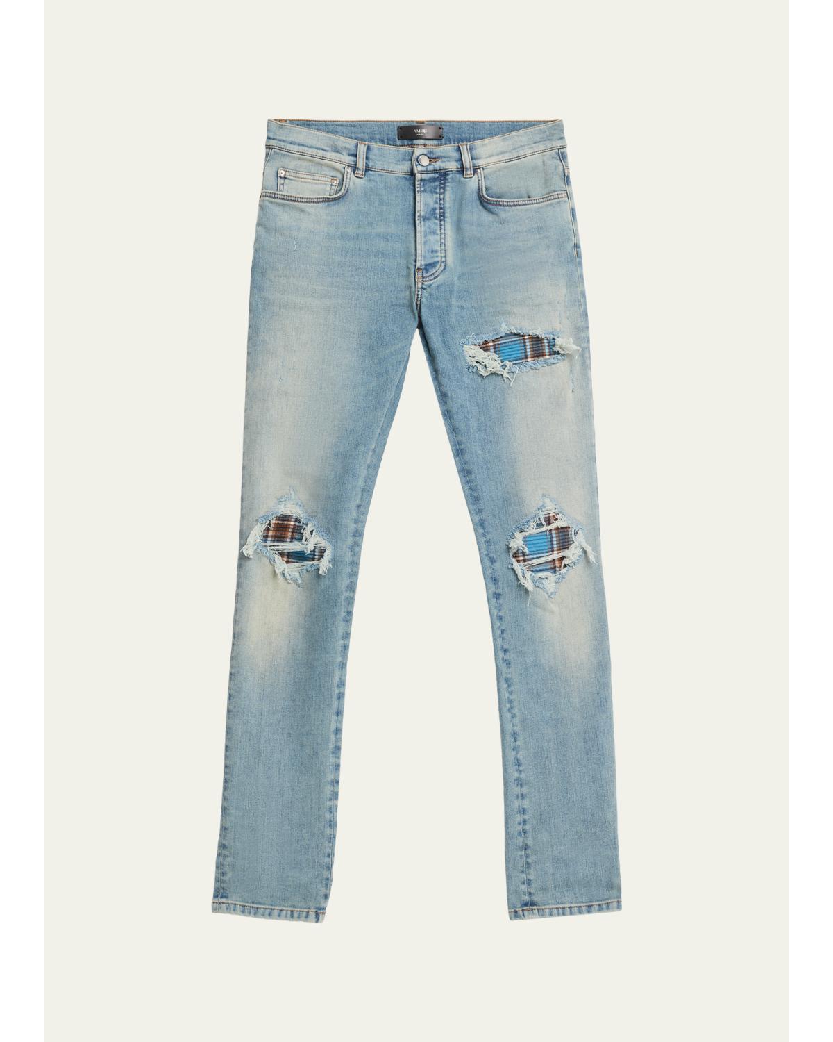 Men'S Plaid Repair Denim Skinny