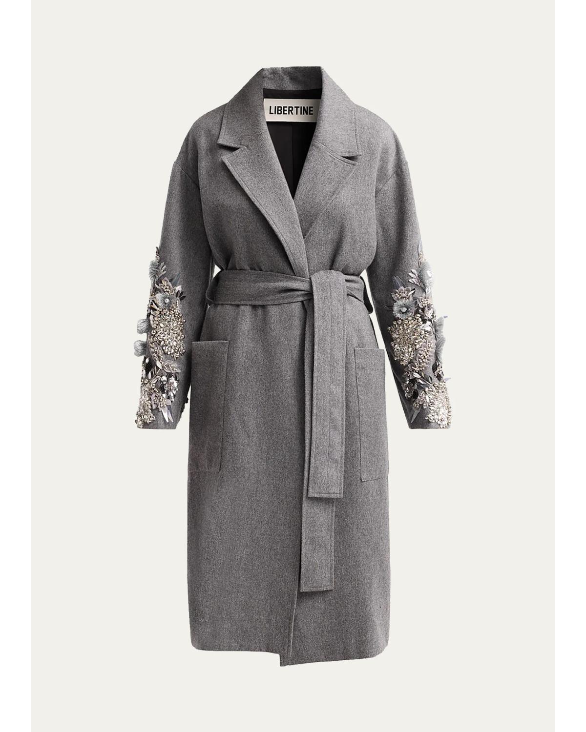 Frosted Flowers Embellished Wool-Cashmere Wrap Coat