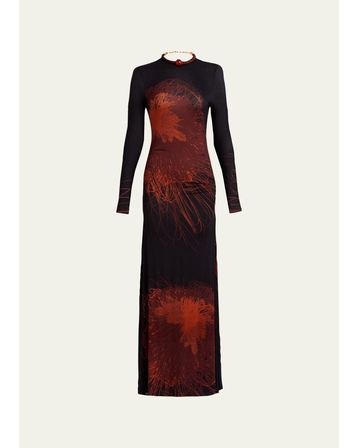 Gabbice Bead Tubular Collar Long-Sleeve Maxi Dress