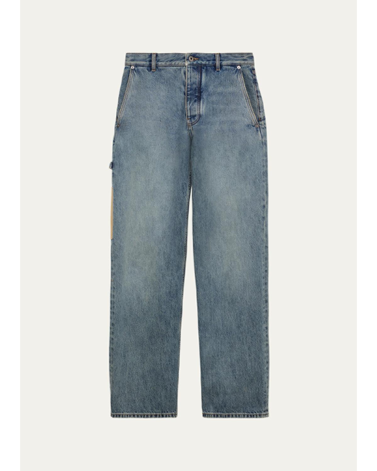 Men'S Leather-Patch Straight-Leg Jeans