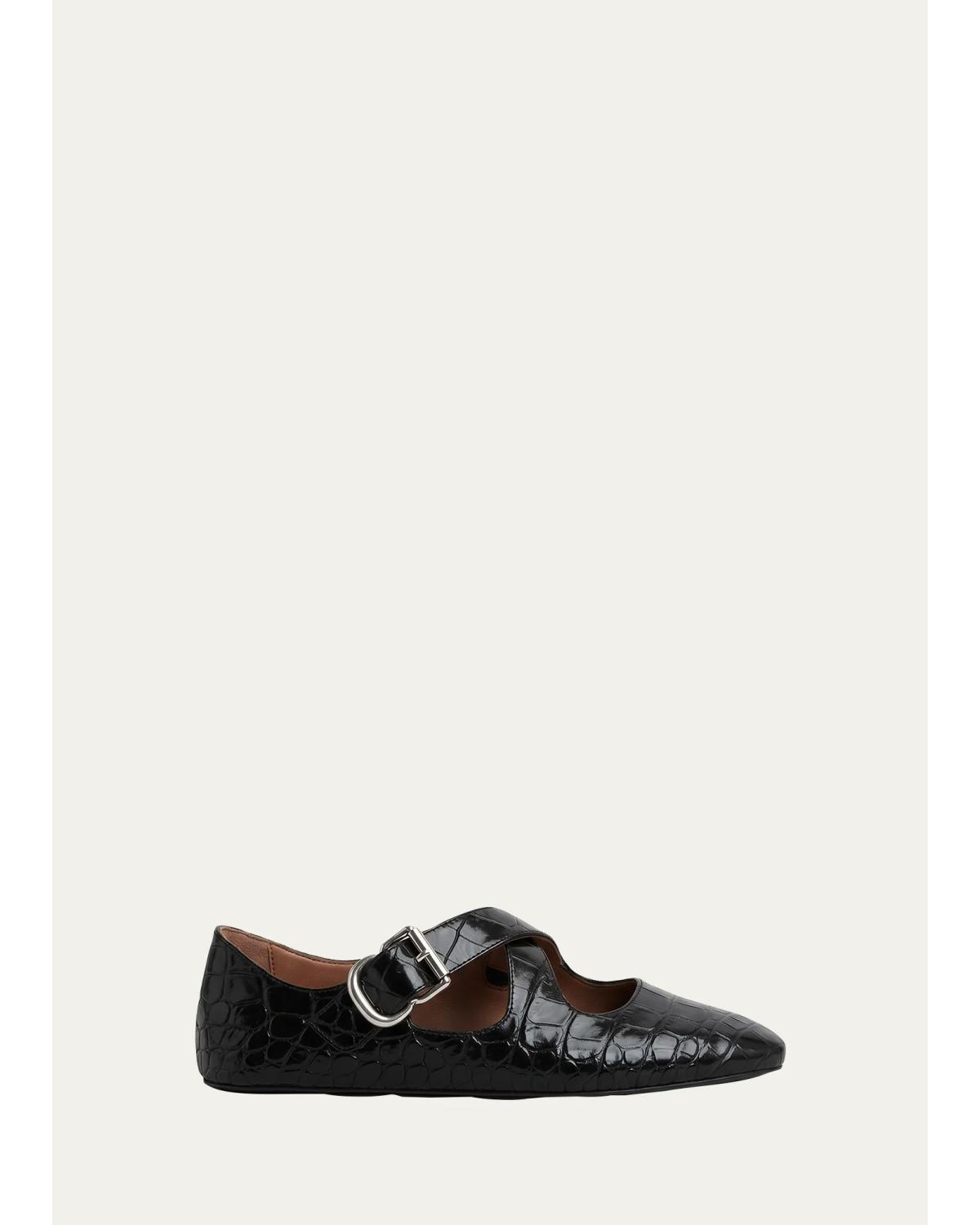 Croc-Embossed Leather Crisscross Ballerina Flats