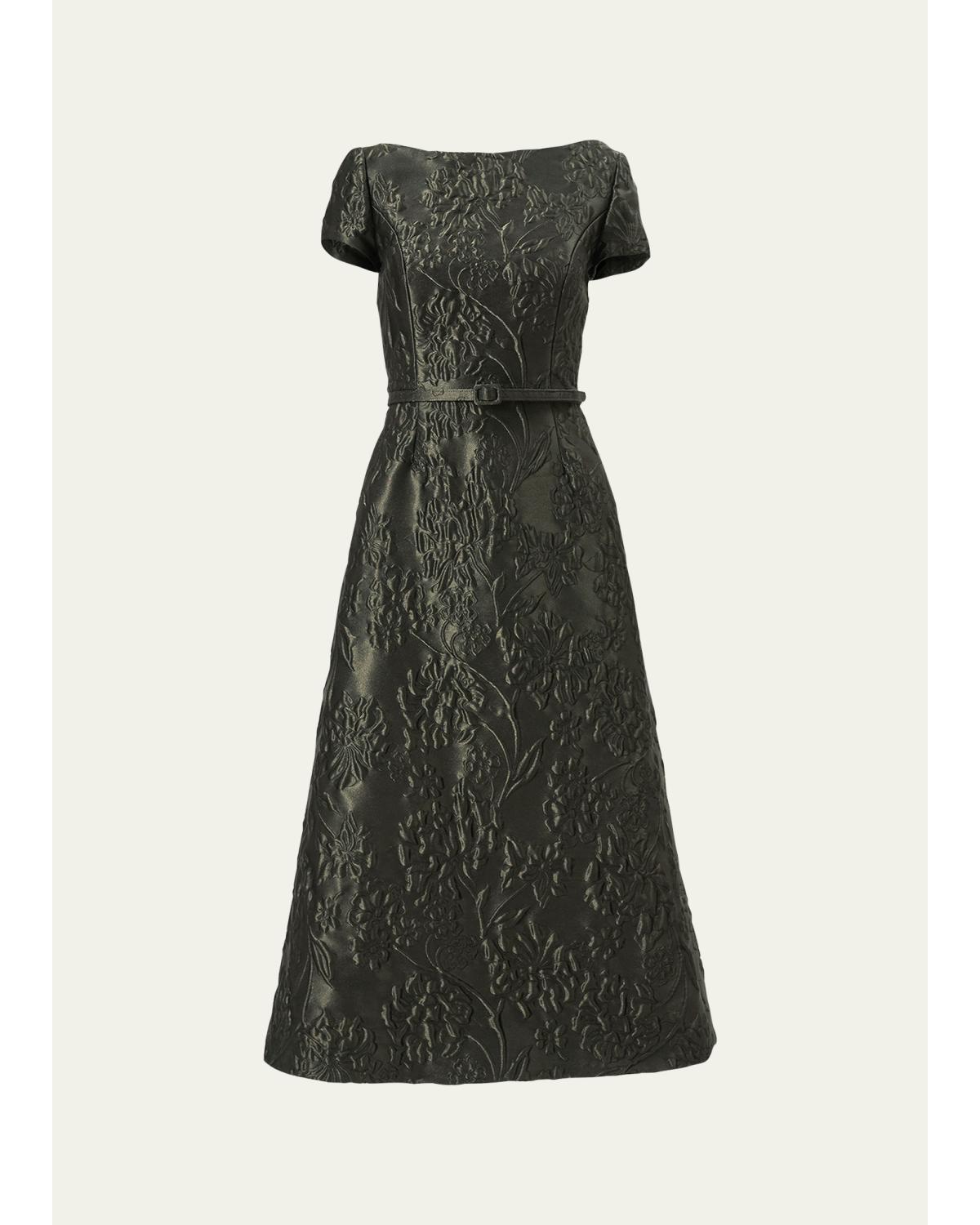 Carolina Herrera Boat-neck Floral Textured Jacquard Belted Midi Dress In Forest Green