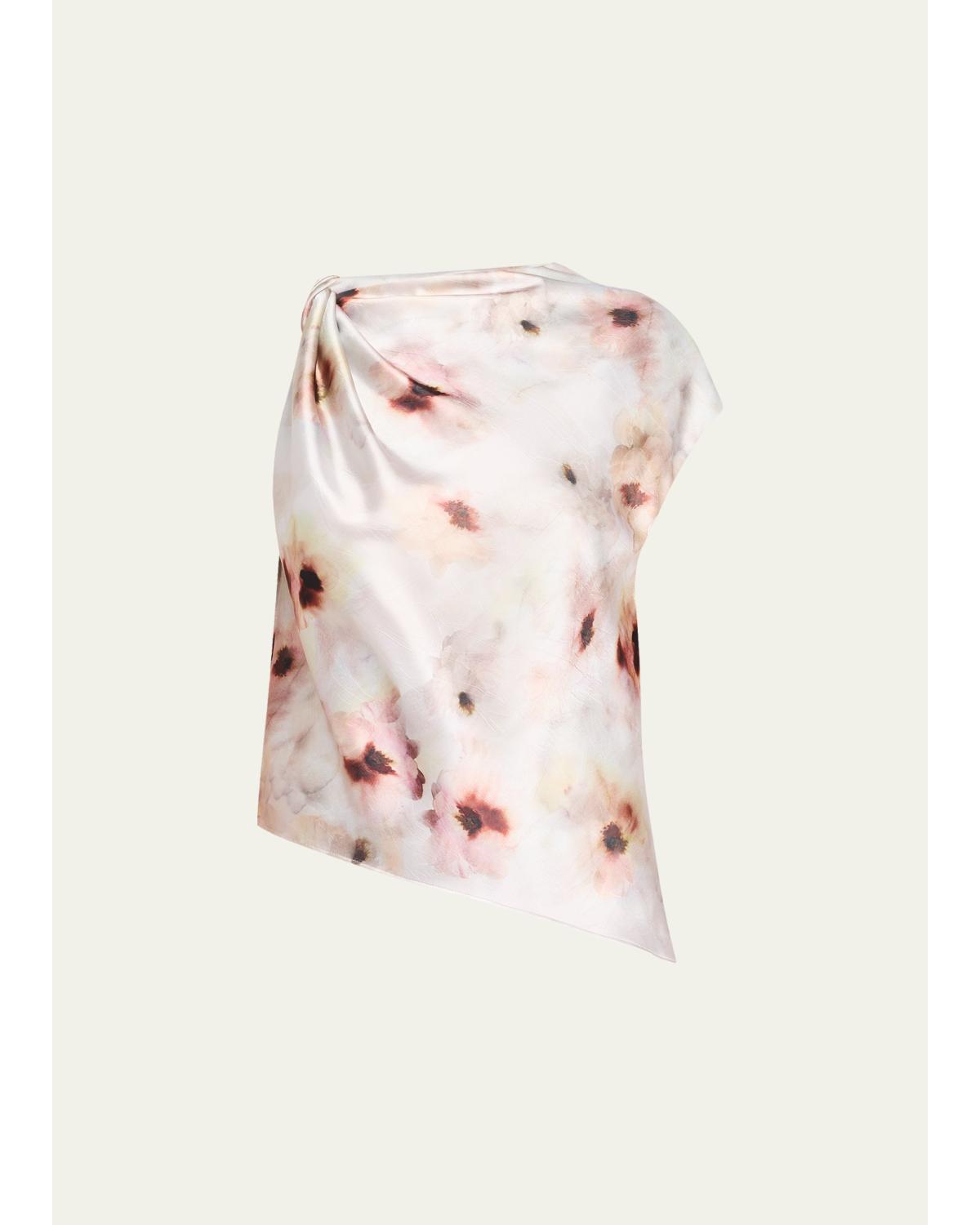 Watercolor Floral Satin Twisted Asymmetric Top