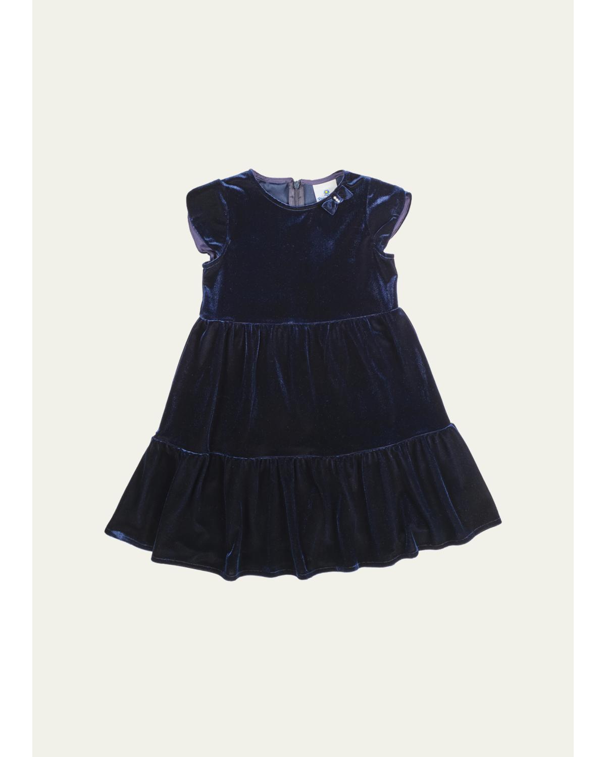 Florence Eiseman Kids' Girl's Tiered Stretch Velvet Dress In Navy Blue