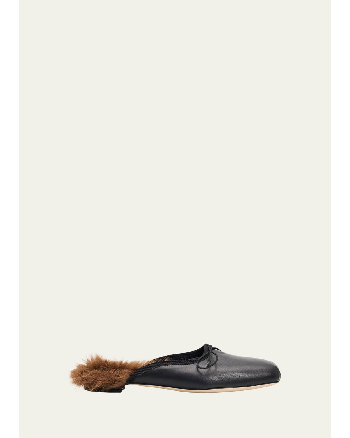 Faux Fur Lined Leather Ballerina Mules