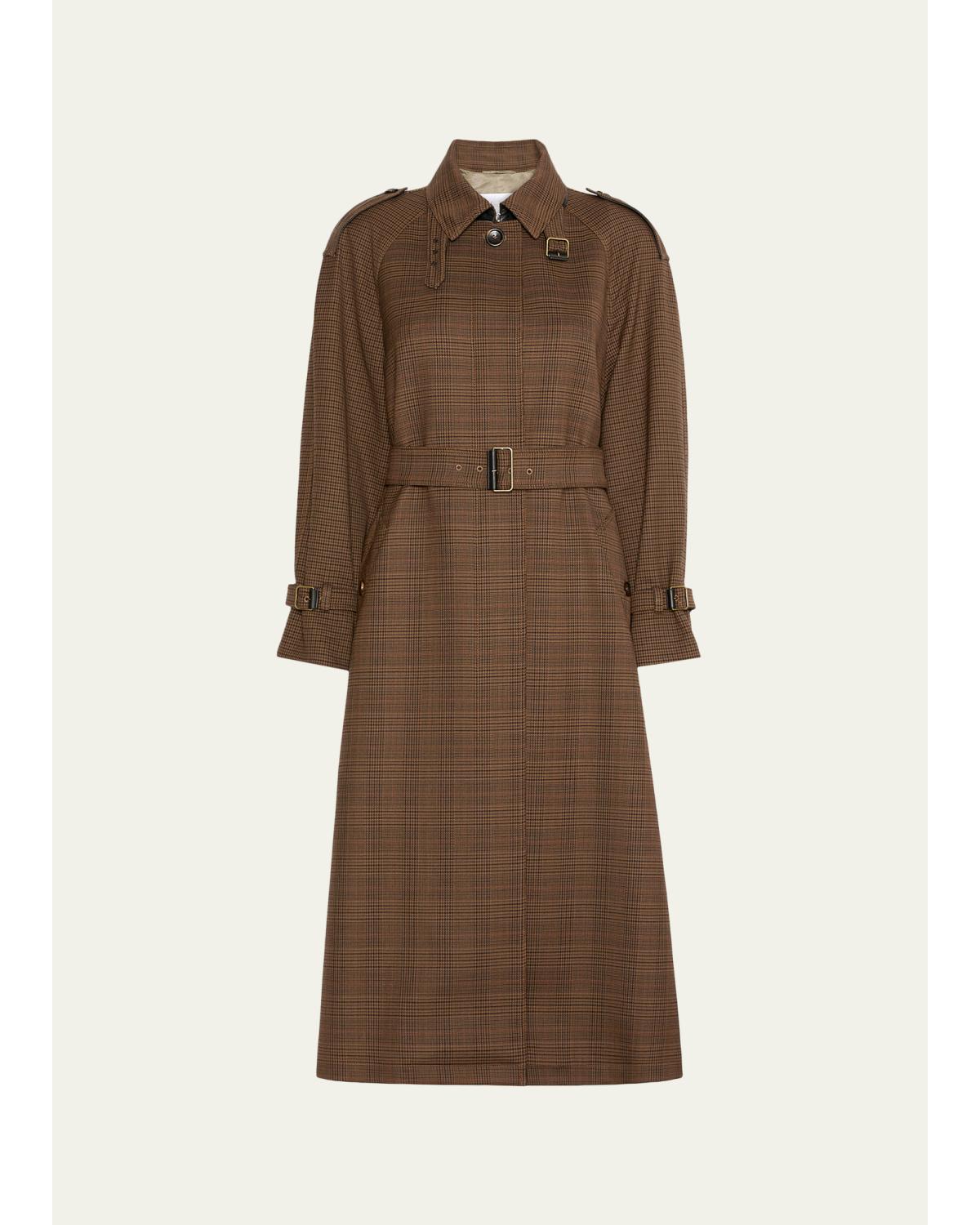 Max Mara Prince Of Whales Wool Belted Long Trench In Brown