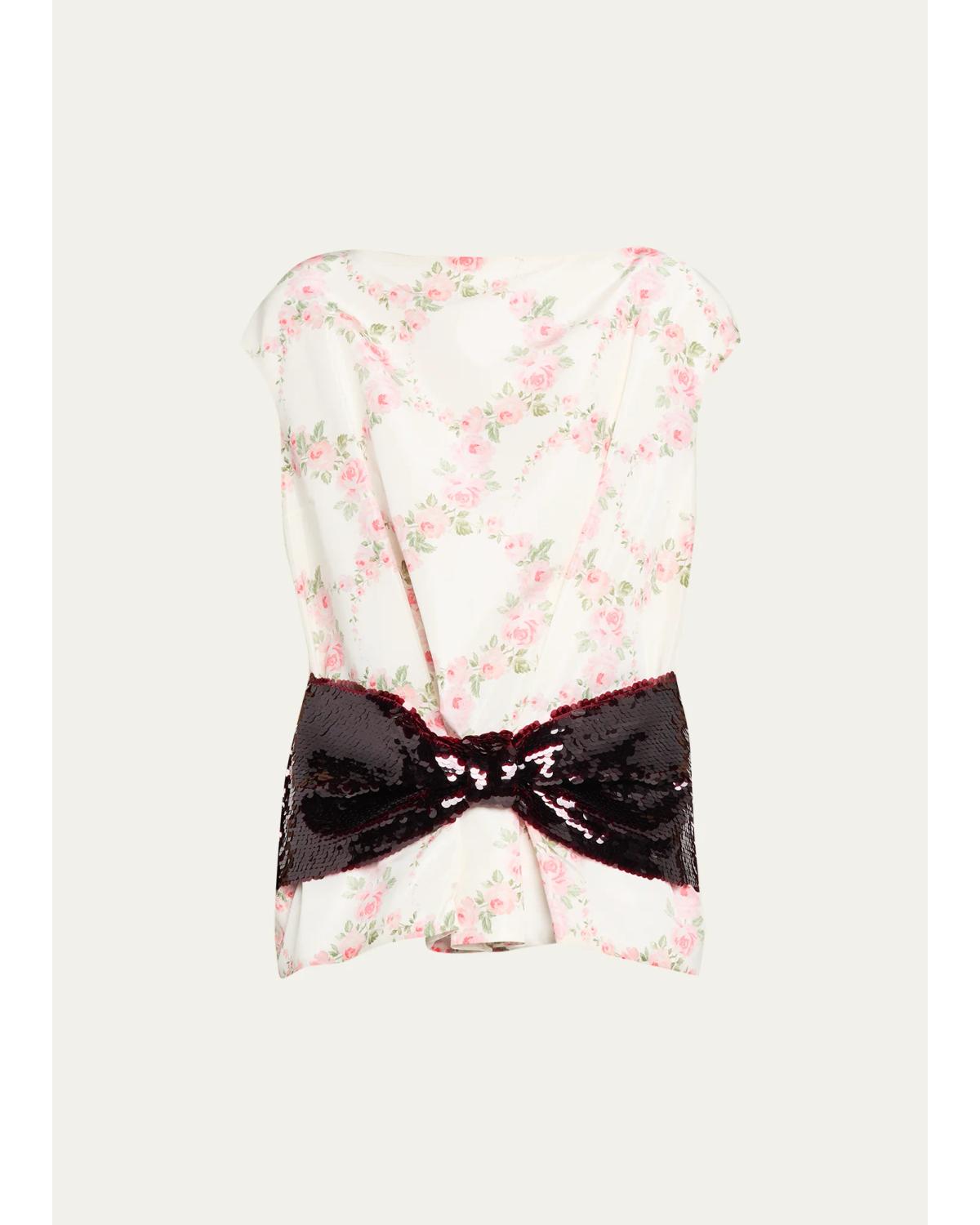 Boxy Floral Satin Sequined Bow Peplum Top
