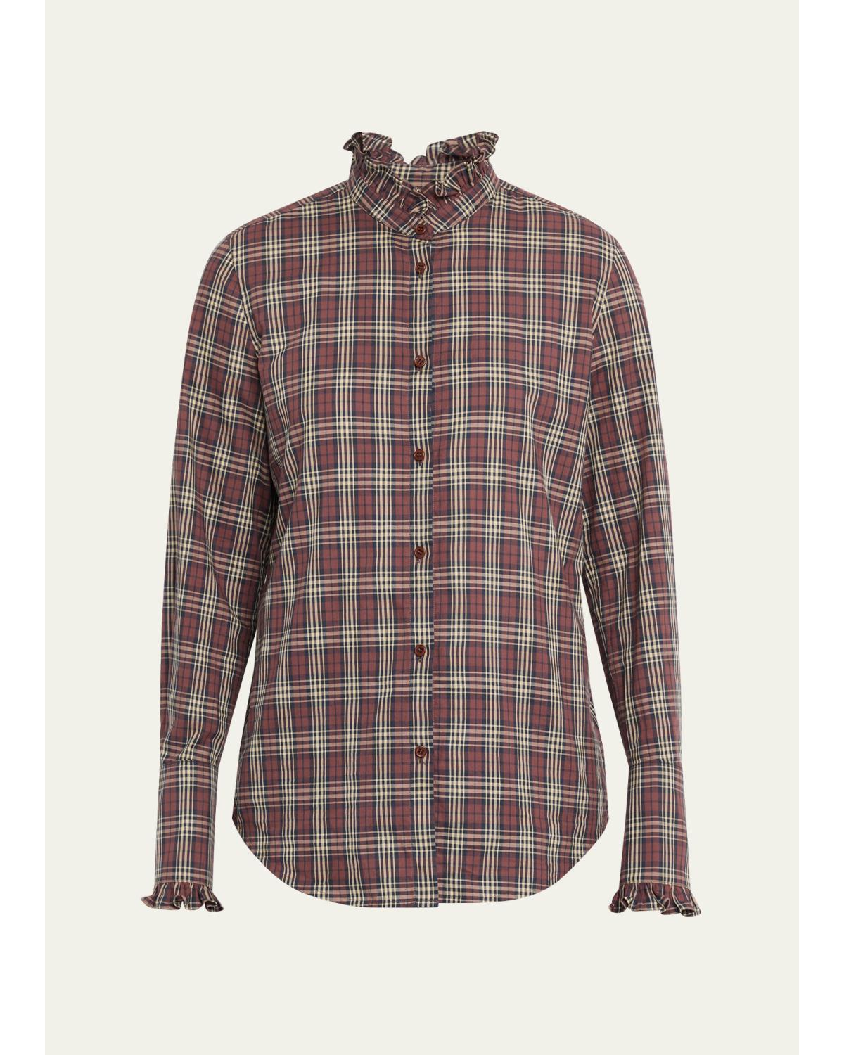 Elio Ruffle-Trim Cotton Plaid Shirt