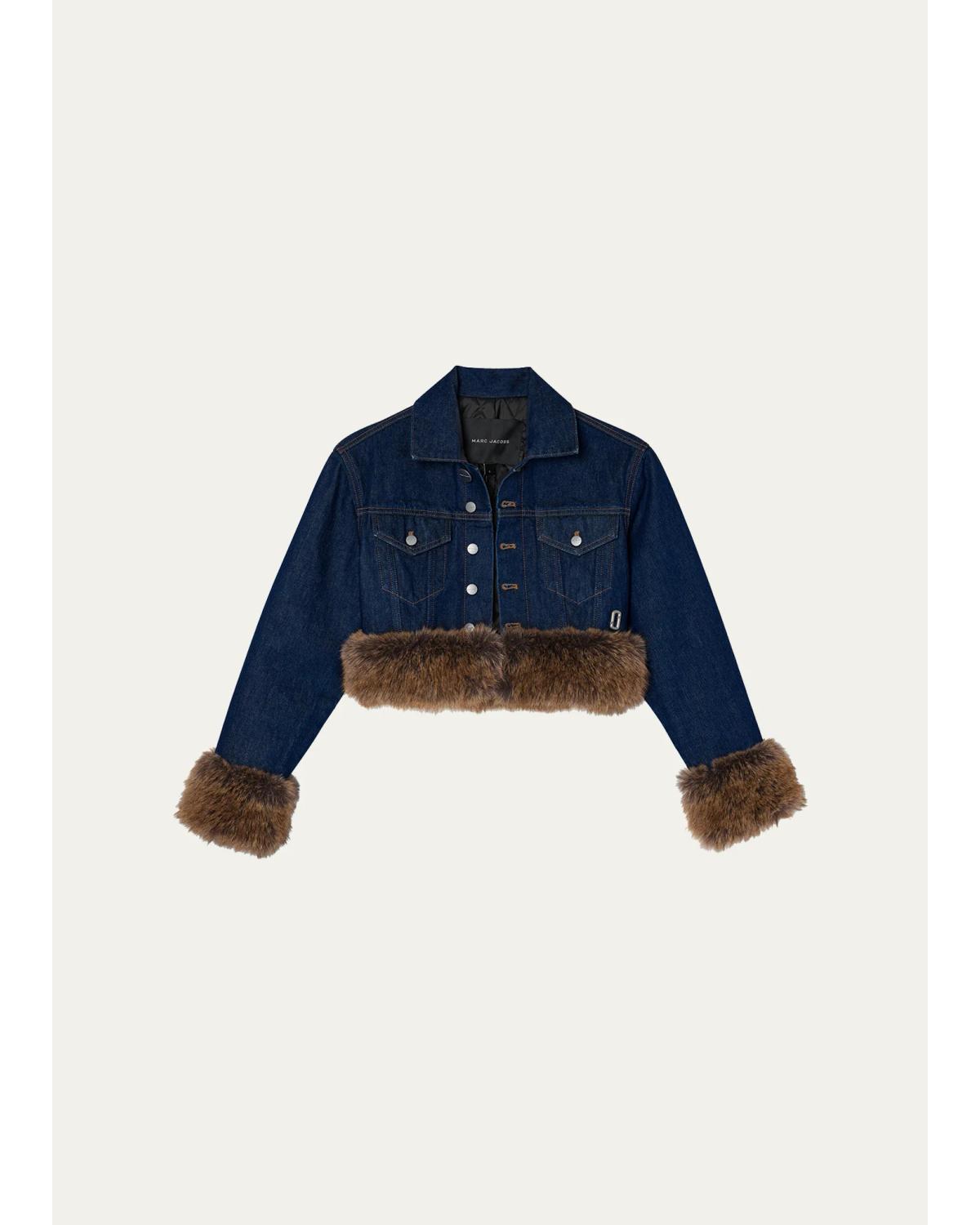 Marc Jacobs Faux-fur-trim Shrunken Trucker Jacket In Dark Slub