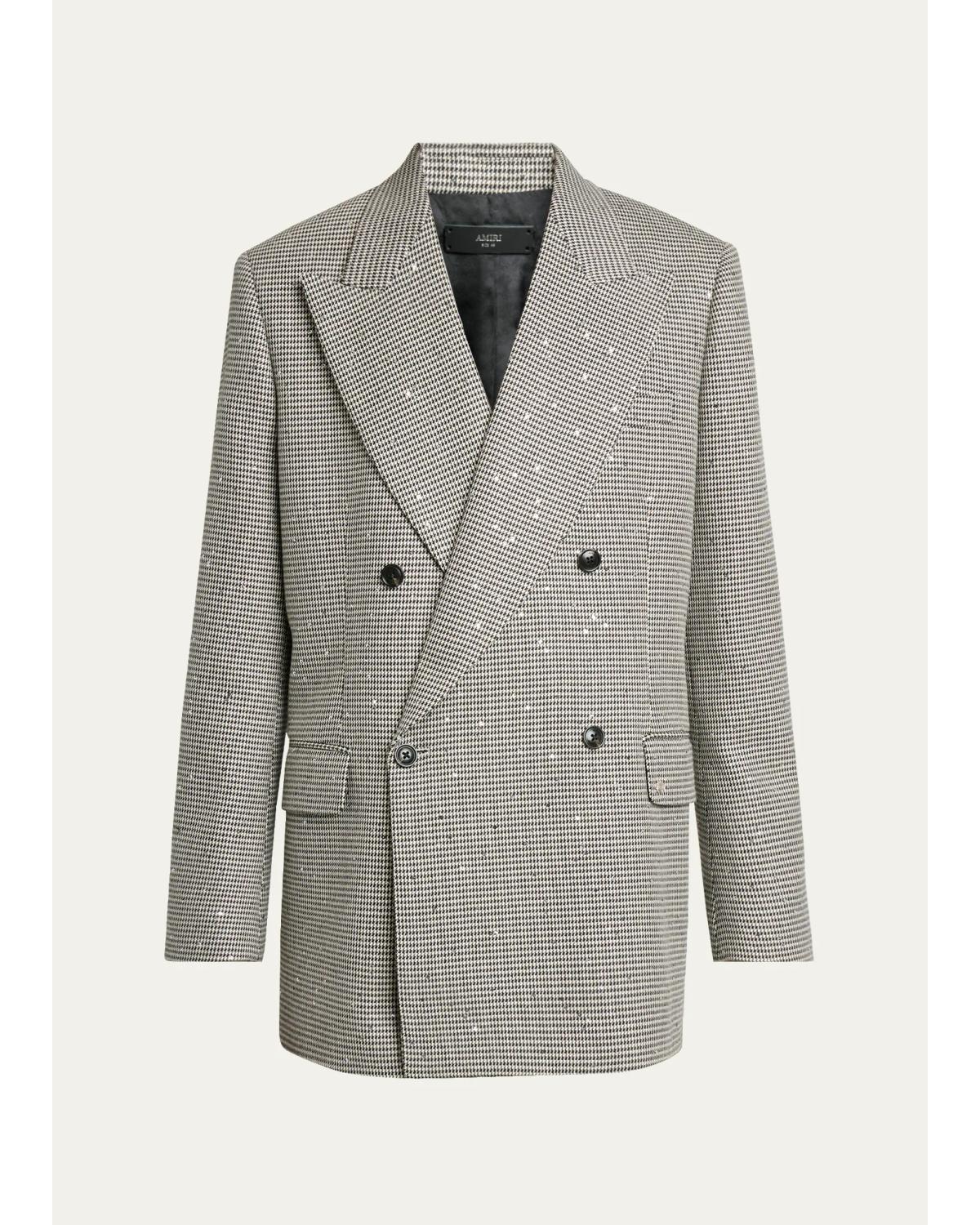 Men'S Houndstooth Double-Breasted Peak Lapel Blazer